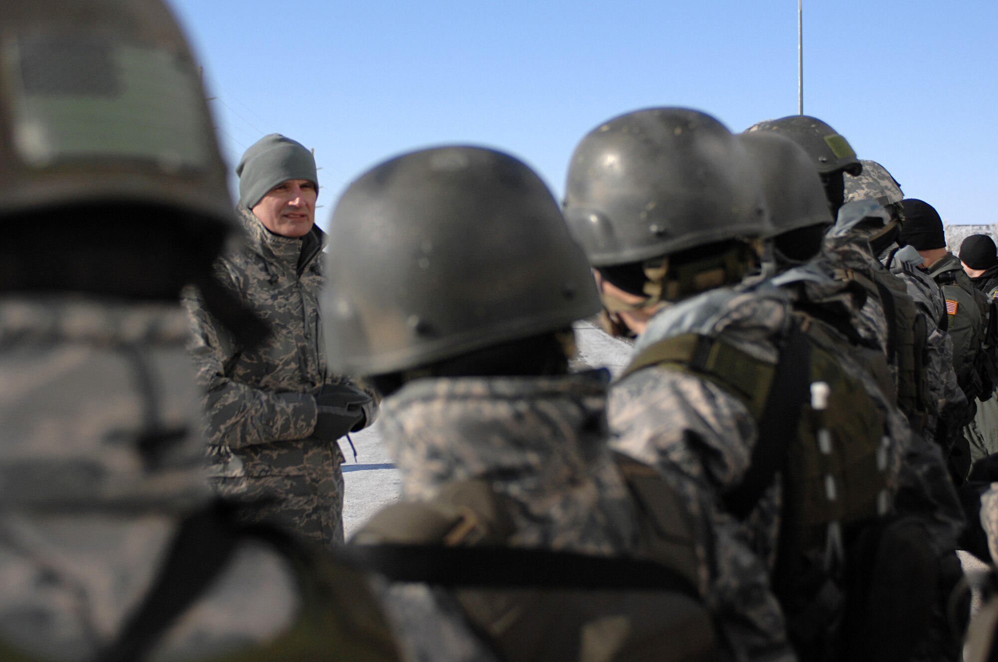 MINOT AIR FORCE BASE, N.D. -- Maj. Gen. Roger Burg, 20th Air Force commander, engaged members of the 91st Missile Security Forces Squadron here Feb. 18.  General Burg spoke with the Airmen and asked questions about their working conditions and equipment. (U.S. Air Force photo by: SrA Kelly Timney)
