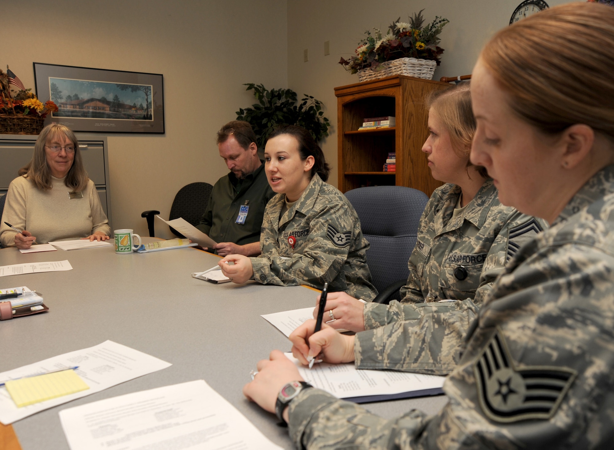 MCCONNELL AIR FORCE BASE, Kan. –- Staff Sgt. Stephanie Vazquez, 22nd Medical Support Squadron, conducts a Parent Advisory Board Meeting at the Child Development Center, Feb 12. The Parent Advisory Board Meeting is held once a month for parents of children involved in base child care to voice their concerns, give suggestions and receive information on child care. (Photo by Senior Airman Roy Lynch) 