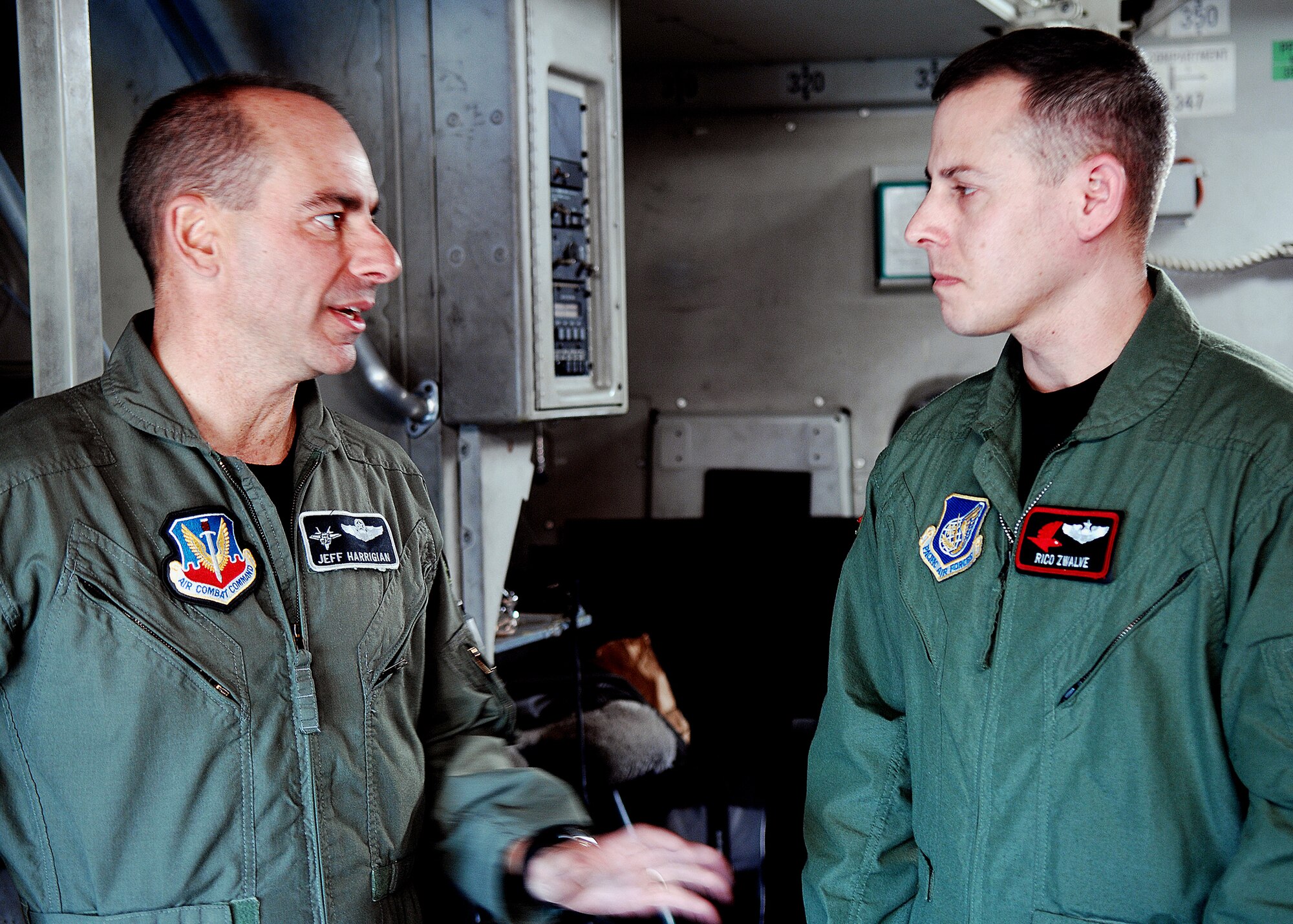49th Fighter Wing commander, Col. Jeff Harrigian, greets Maj. Michael Zwalve from the 517 Airlift Squadron on Feb. 17. Personnel and aircraft assigned to the 3rd Maintenance Group will stay at Holloman Air Force Base, N.M., until the volcanic activity observed at Mount Redoubt near Elmendorf subsides.

 (U.S. Air Force photo/SSgt Anthony Nelson Jr)