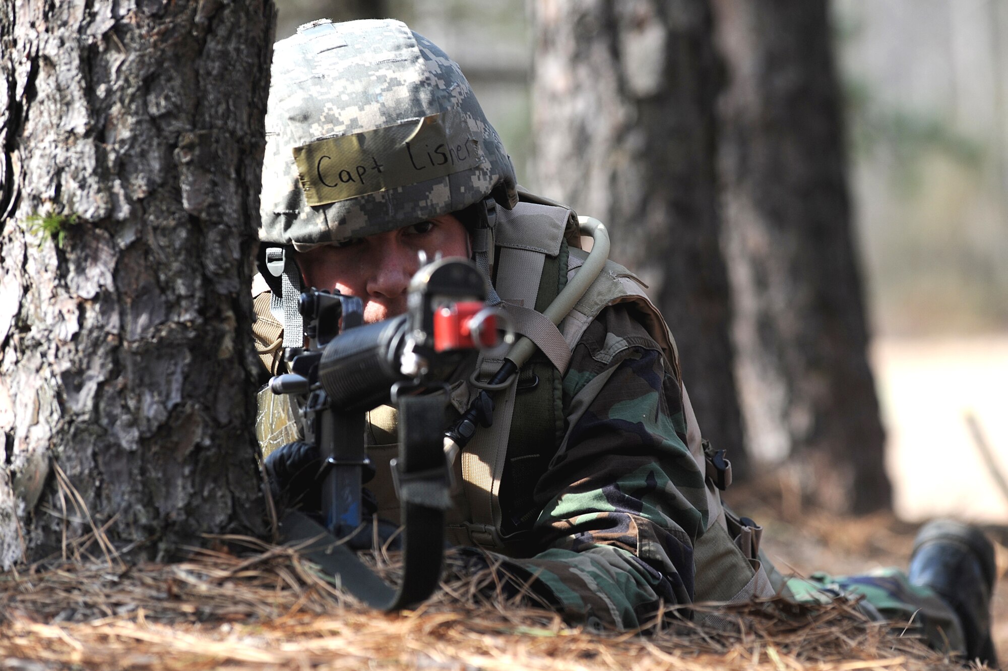 Students in the Advanced Contingency Skills Training Course participate in a scenario for combat first aid training on Feb. 10, 2009, on a Fort Dix, N.J., range.  The course, taught by the U.S. Air Force Expeditionary Center's 421st Combat Training Squadron, prepares Airmen for upcoming deployments through training in everything from combat first aid and convoy operations to patrolling and tactics.  (U.S. Air Force Photo/Staff Sgt. Nathan G. Bevier)