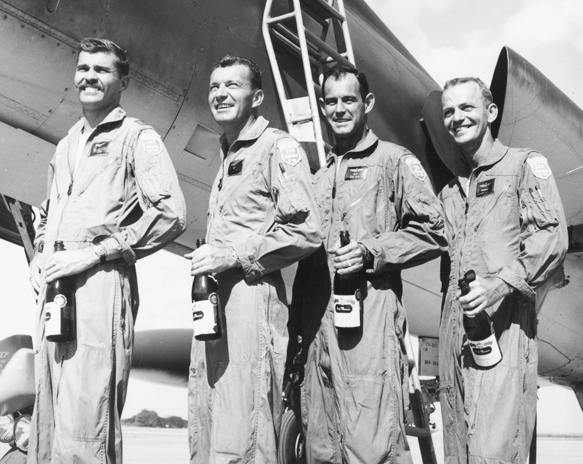 L to R: Captains Bruce Holmes, William May, Richard Ely and William Ramage, taken just after they completed their 100 missions together on Jan. 15, 1966. (U.S. Air Force photo)