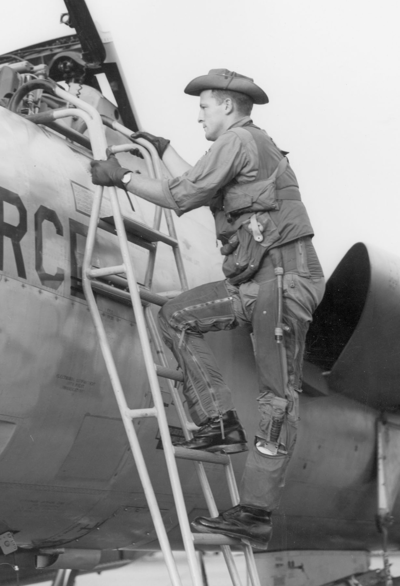 Capt. Totten pictured wearing the Sportsmatic watch and knife (the knife is in his left lower leg pocket). He carried both of these items on his 100 mission tour. (U.S. Air Force photo)