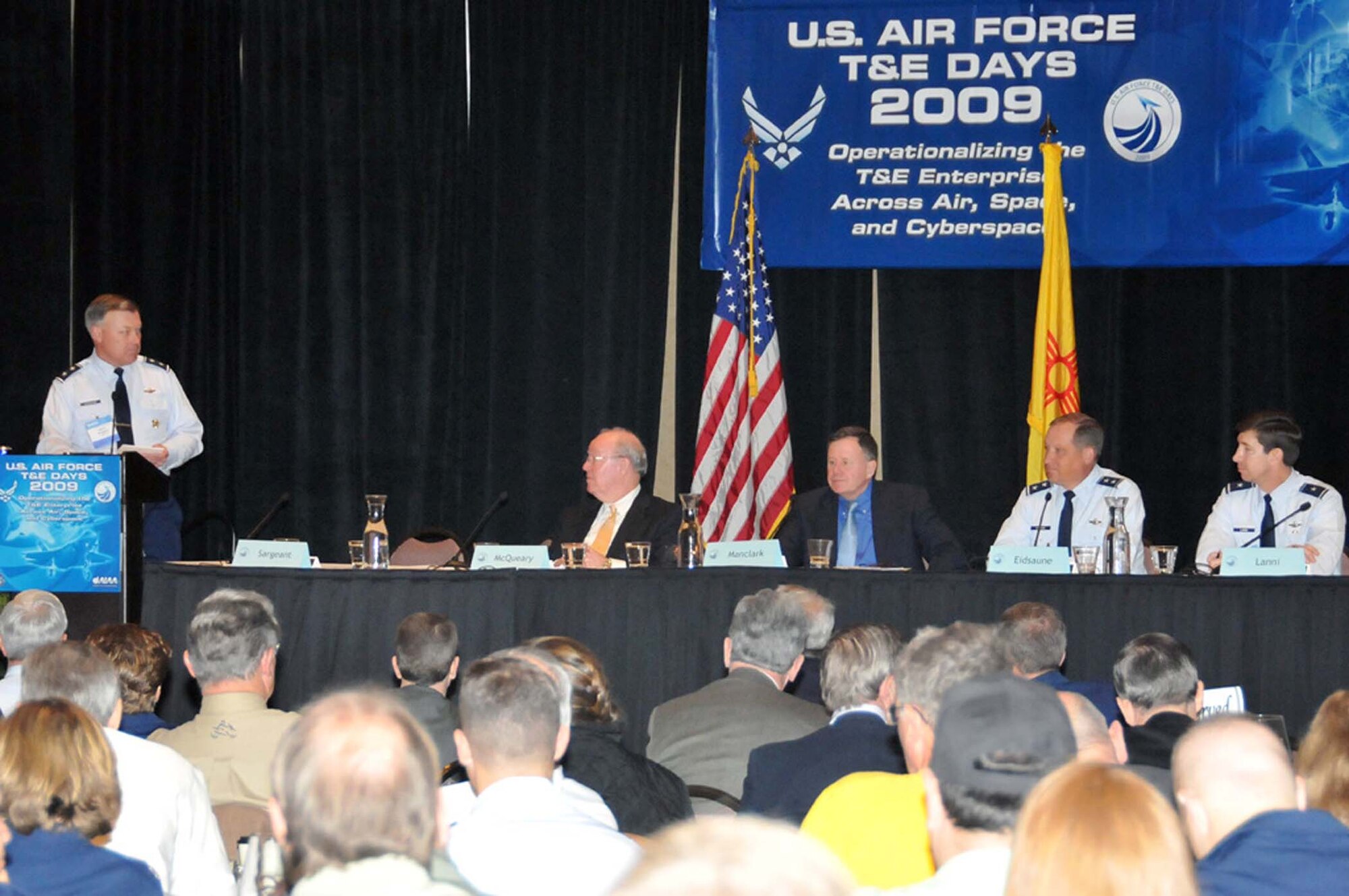 (From left) Maj. Gen. Stephen T. Sargeant, Air Force Operational Test and Evaluation Center commander, introduces panel members during the 2009 U.S. Air Force Test and Evaluation Days Conference in Albuquerque, N.M., Feb. 10-12. Panel members included Dr. Charles McQueary, Director of Operational Test and Evaluation; Mr. John Manclark, Director of Air Force Test and Evaluation; Maj. Gen. David Eidsaune, Commander, Air Armament Center and Air Force Program Executive Officer, Weapons, Air Force Materiel Command; and Brig. Gen. Joseph Lanni, Director of Air, Space and Information Operations, Headquarters Air Force Materiel Command. (U.S. Air Force photo)
