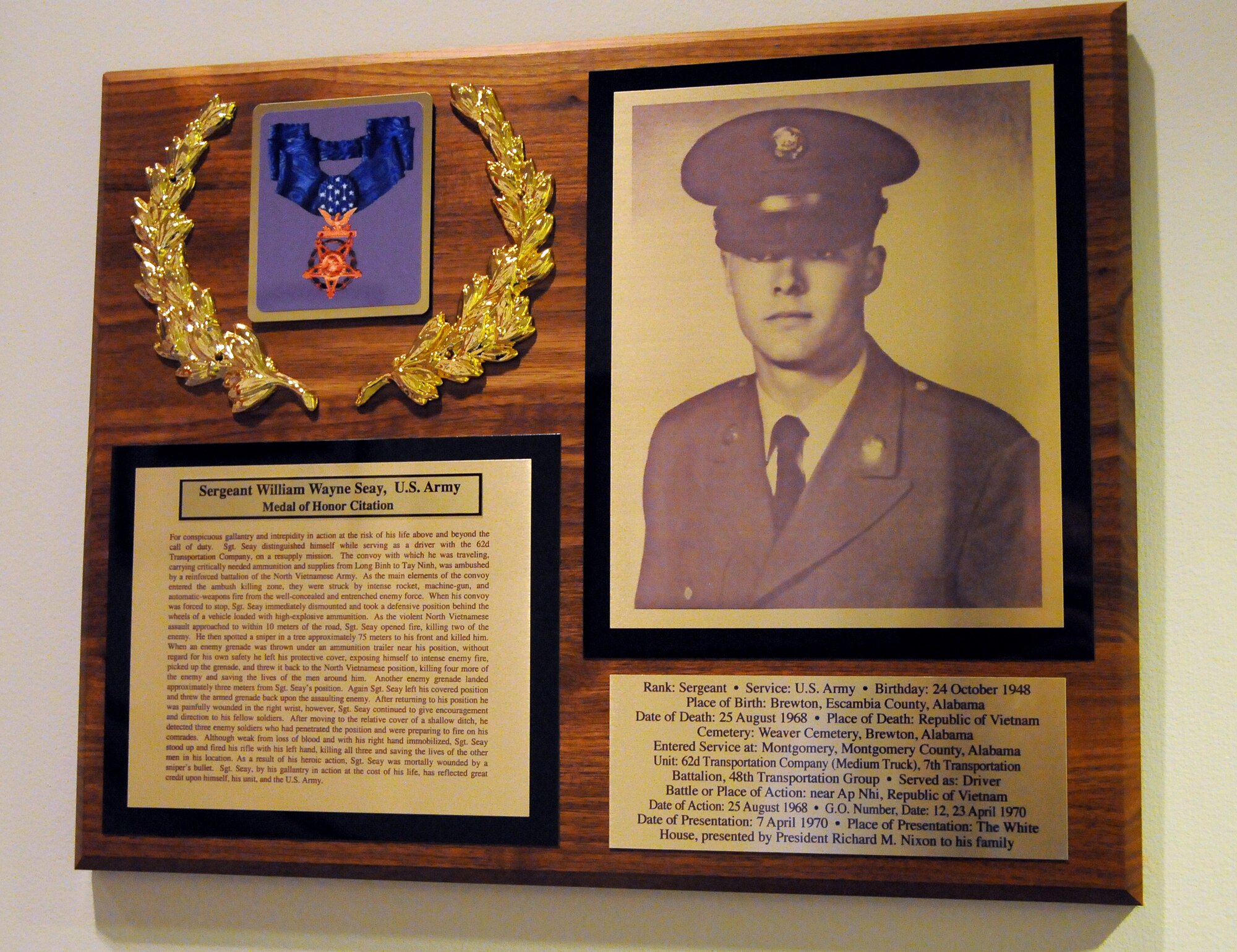 SCOTT AIR FORCE BASE, Ill. -- The entrance to Seay Auditorium is adorned with the plaques commemorating Army Sgt. William Wayne Seay of the 62nd Transportation Company (Medium Truck), 7th Transportation Battalion, 48th Transportation Group.(Photo courtesy Bob Fehringer)