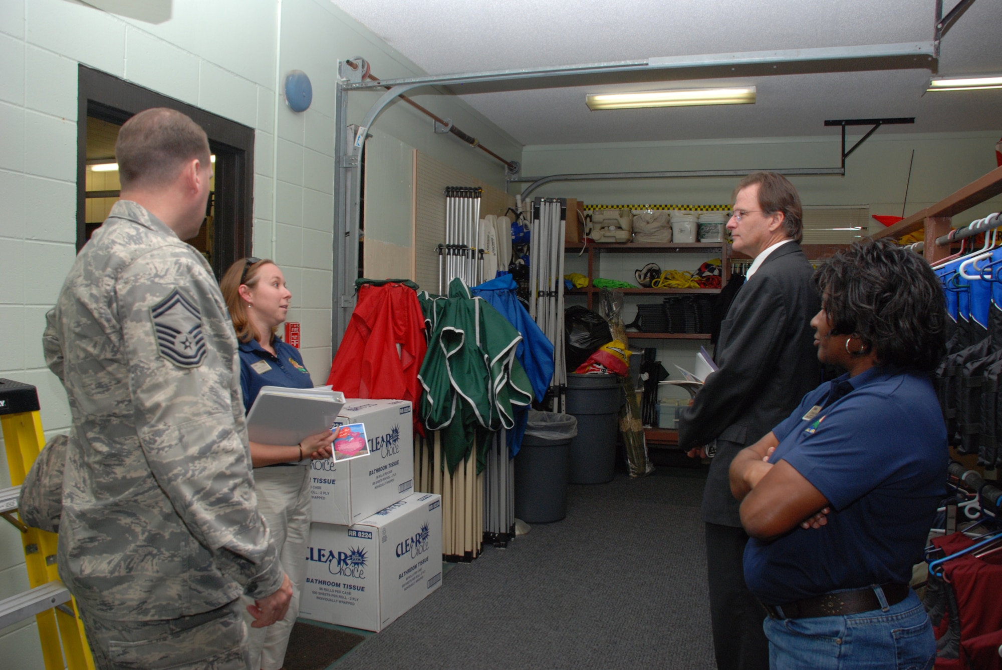 Shamra Slappey, Outdoor Recreation Manager briefs Mr. Calvin Ishee, head evaluator from the Eubank Evaluation Team on the programs at Bonita Bay.  Mr. Ishee and his evaluation team of five were here from Feb. 7-10 evaluating the 325th Force Support Squadron, which is in completion for the Award. This award’s purpose is to encourage excellence in Services’ programs Air Force-wide. Keesler Air Force Base, Miss., was the first recipient of the LeMay award in 1965.  (U.S. Air Force photo by Sarah English)