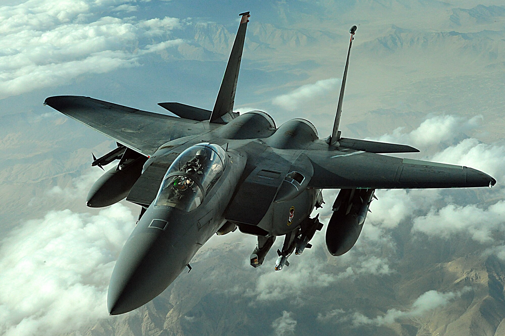 An F-15E Strike Eagle flies a combat mission over Afghanistan in support of Operations Enduring Freedom. The Strike Eagle is a dual-role fighter designed to perform air-to-air and air-to-ground missions. (U.S. Air Force photo/Staff Sgt. Aaron Allmon)  