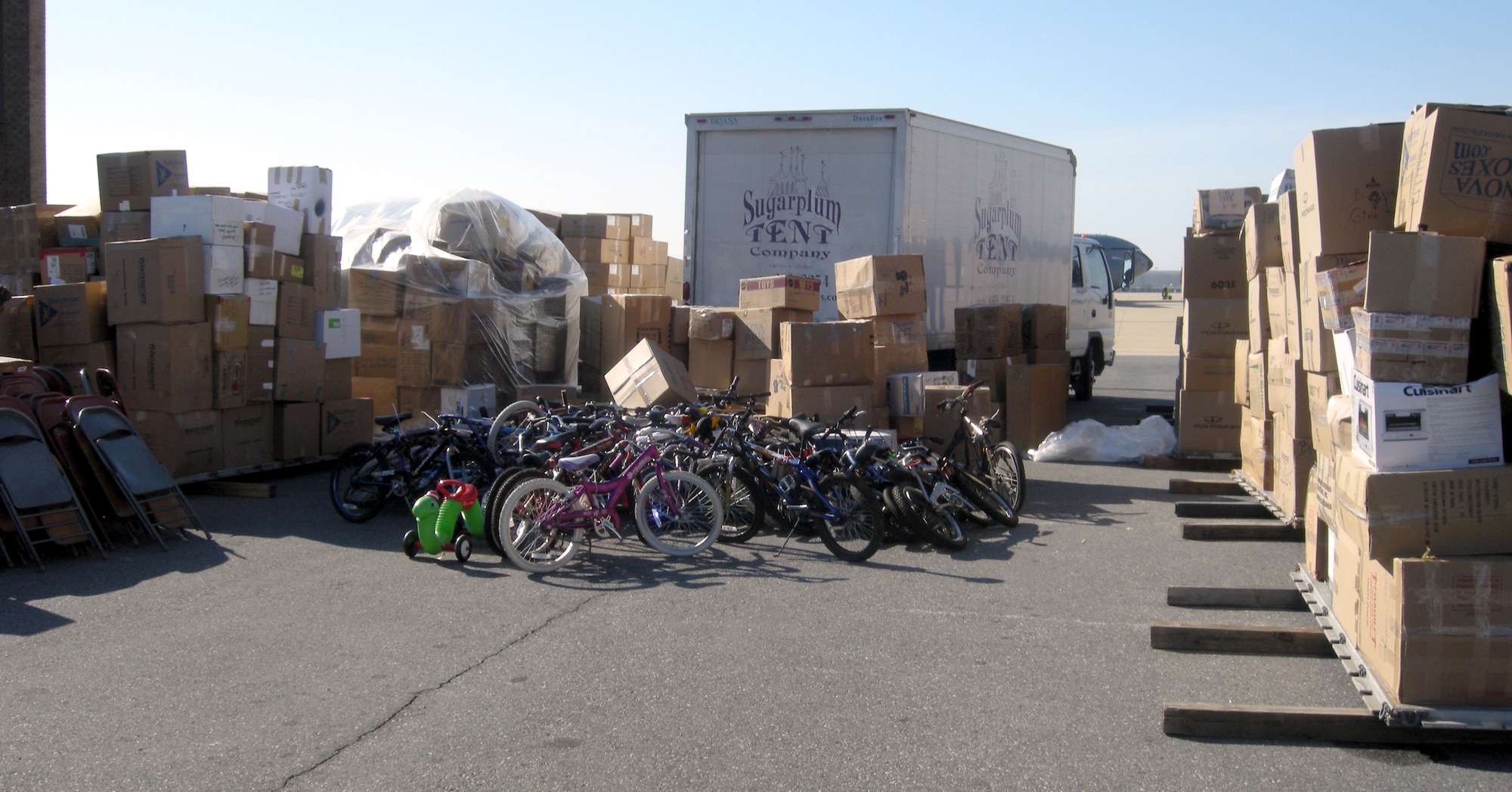 ANDREWS AIR FORCE BASE, Md. -- More than 16 pallets containing about 30,000 pounds of computers, school supplies, desks, clothing and bicycles were sent to Aschiana School in Kabul, Iraq, from the 69th Aerial Port Squadron Feb. 7. (U.S. Air Force photo/Tech. Sgt. Amaani Lyle)