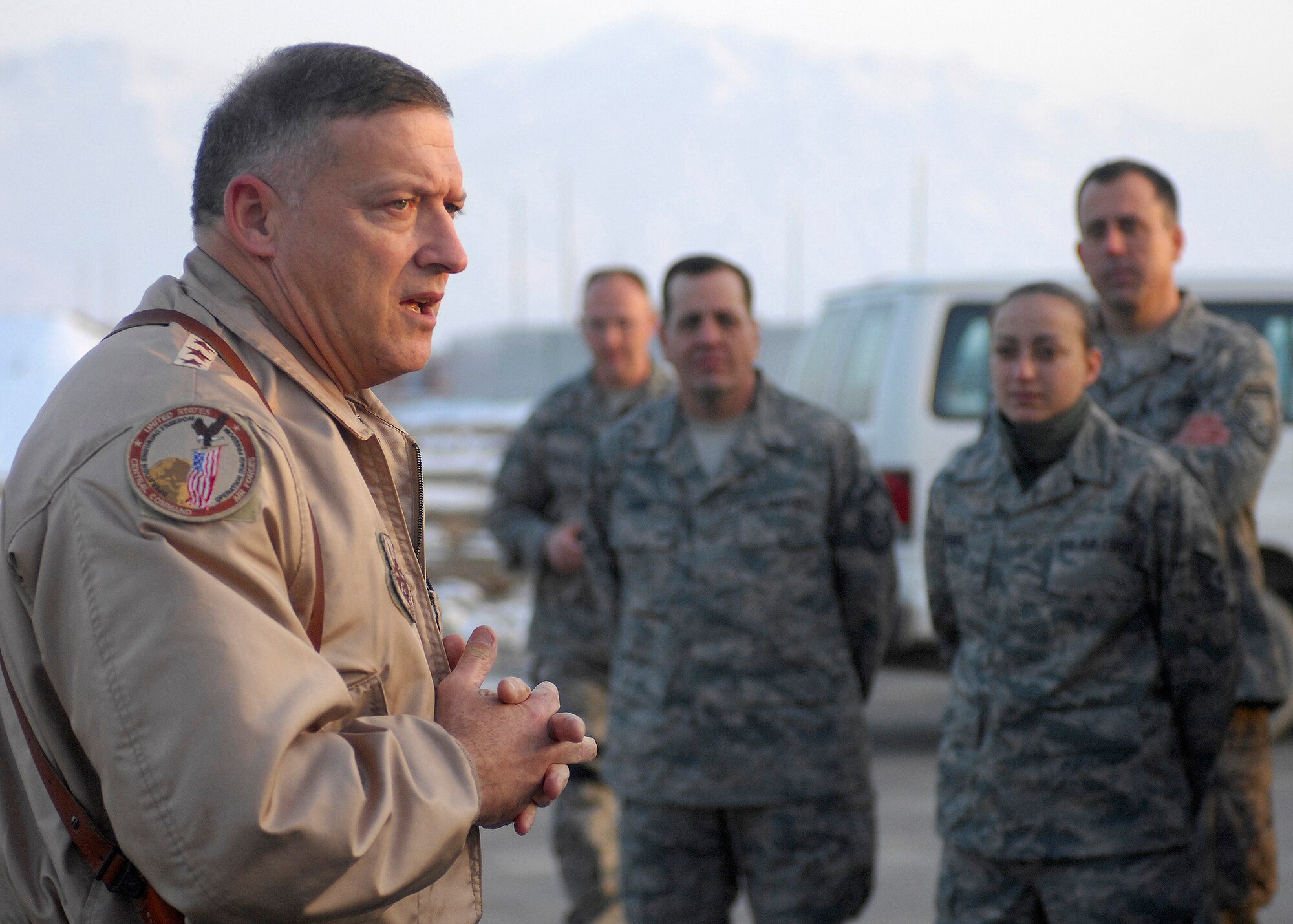 Lt. Gen. Gary North, 9th Air Force and U.S. Air Forces Central commander, talks with Airmen from the 455th Expeditionary Maintenance Group during a site visit to Bagram Air Field, Afghanistan, Feb. 17. The general traveled along with Chief Master Sgt. Scott Dearduff, 9th Air Force and U.S. Air Forces Central command chief master sergeant, and retired Lt. Gen. Eugene Santarelli, an Air Force senior mentor, to speak with hundreds of Bagram Airmen about some of the challenges they will face in the coming months and thank Airmen who are nearing the end of their deployment rotation for their contribution to Operation Enduring Freedom and the Global War on Terrorism. (U.S. Air Force photo by Staff Sgt. Jason Lake)