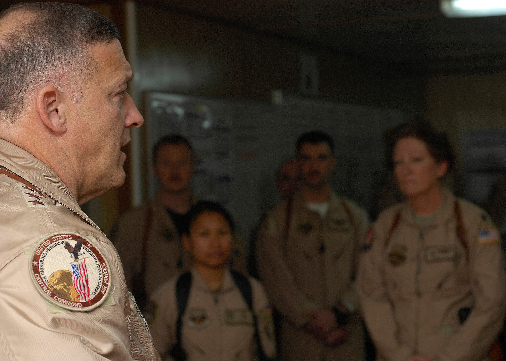 Lt. Gen. Gary North, 9th Air Force and U.S. Air Forces Central commander, talks with Airmen from the 492nd Expeditionary Fighter Squadron during a site visit to Bagram Air Field, Afghanistan, Feb. 17. The general traveled along with Chief Master Sgt. Scott Dearduff, 9th Air Force and U.S. Air Forces Central command chief master sergeant, and retired Lt. Gen. Eugene Santarelli, an Air Force senior mentor, to speak with hundreds of Bagram Airmen about some of the challenges they will face in the coming months and thank Airmen who are nearing the end of their deployment rotation for their contribution to Operation Enduring Freedom and the Global War on Terrorism. (U.S. Air Force photo by Staff Sgt. Jason Lake)