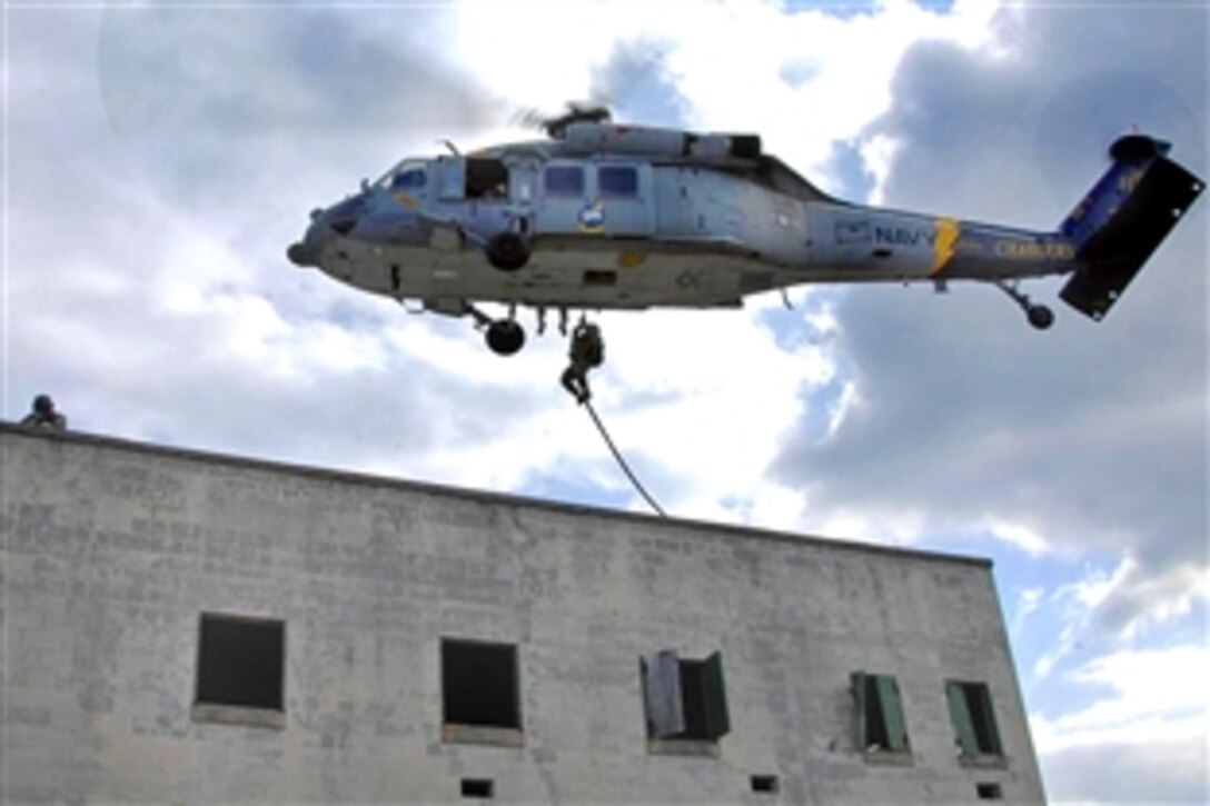 U.S. Army soldiers conduct fast-rope insertion and extraction training during Exercise Southbound Trooper IX on Fort Pickett, Va., Feb. 16, 2009.