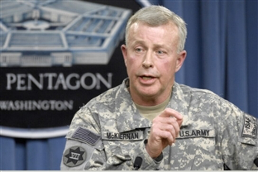 U.S. Army Gen. David McKiernan, commander of the International Security Assistance Force and U.S. Forces Afghanistan, briefs the press at the Pentagon, Feb. 18, 2009.  McKiernan said he welcomed President Barack Obama's committment of additional troops to the Afghan conflict.