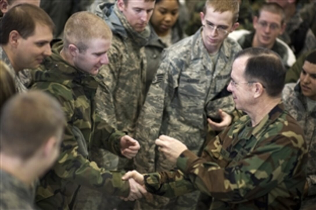 U.S. Navy Adm. Mike Mullen, chairman of the Joint Chiefs of Staff, greets airman assigned to Minot Air Force Base, N.D.,  Feb. 18, 2009. Mullen is on a two-day trip visiting airman on Minot and Scott Air Force Base, Ill., and soldiers stationed on Fort Campbell, Ky.