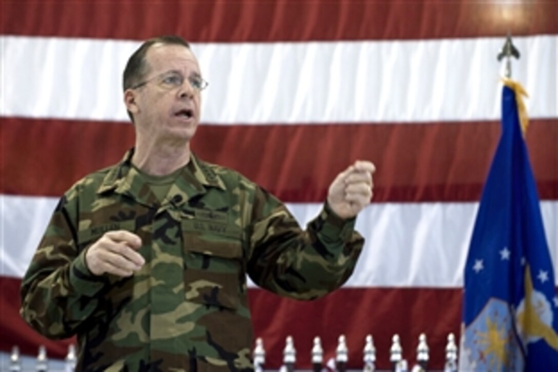 U.S. Navy Adm. Mike Mullen, chairman of the Joint Chiefs of Staff, addresses airmen assigned to Minot Air Force Base, N.D.,  Feb. 18, 2009. Mullen is on a two-day trip visiting airmen on Minot and Scott Air Force Base, Ill., and soldiers stationed on Fort Campbell, Ky.