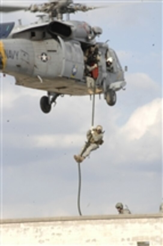 A coalition service member slides down a fast rope from a U.S. Navy SH-60 Seahawk helicopter while training in Exercise Southbound Trooper IX at Fort Pickett, Va., on Feb. 16, 2009.  