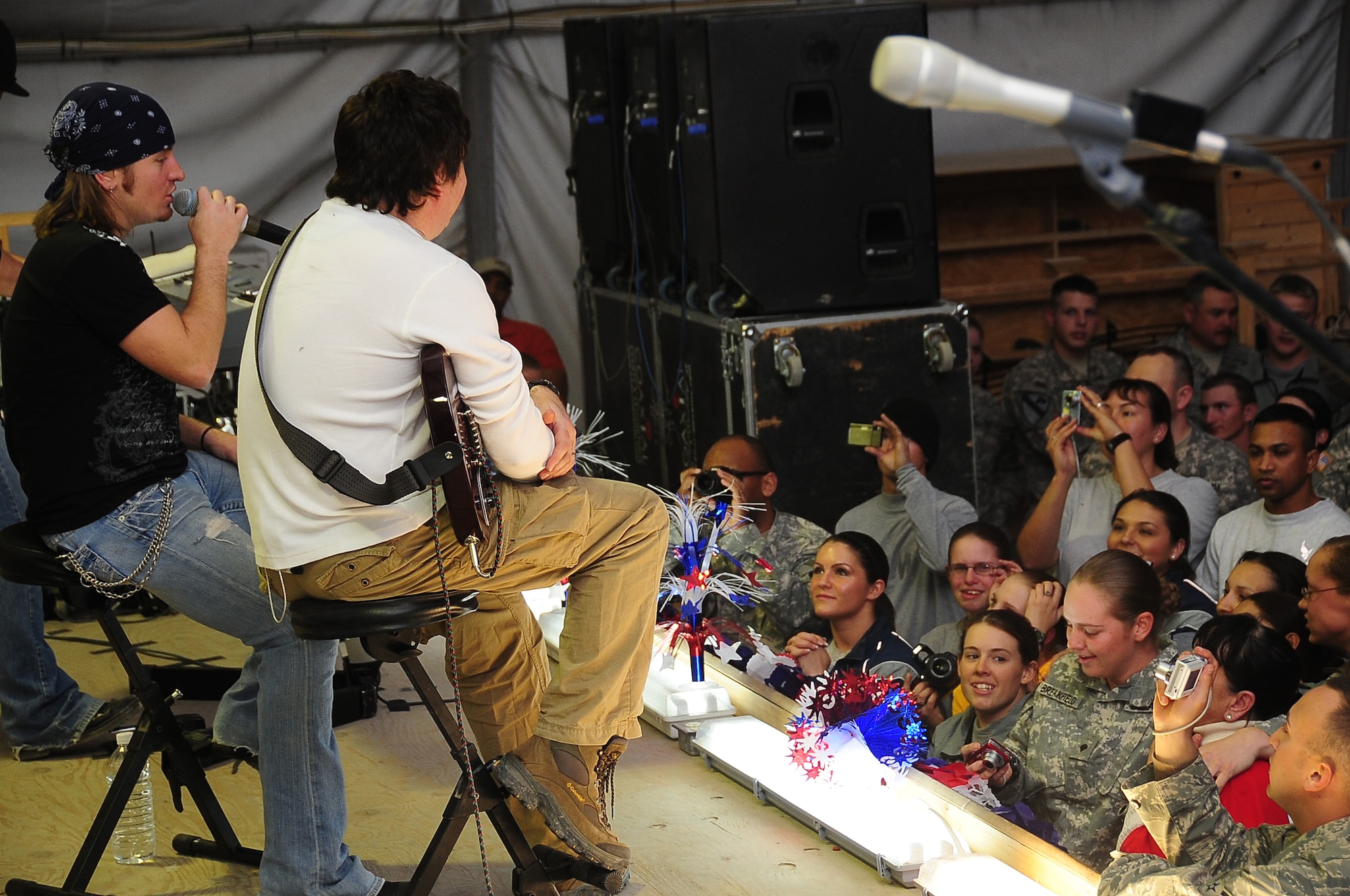 Country Music group Lonestar performs for Airmen and Soldiers at Contingency Operating Base Adder Jan. 24.  Lonestar performed alongside Comedian Greg Vaccariello as part of a Stars for Stripes and Morale, Welfare and Recreation tour to bases in Southwest Asia. (U.S. Air Force photo/Staff Sgt. Christopher Marasky)