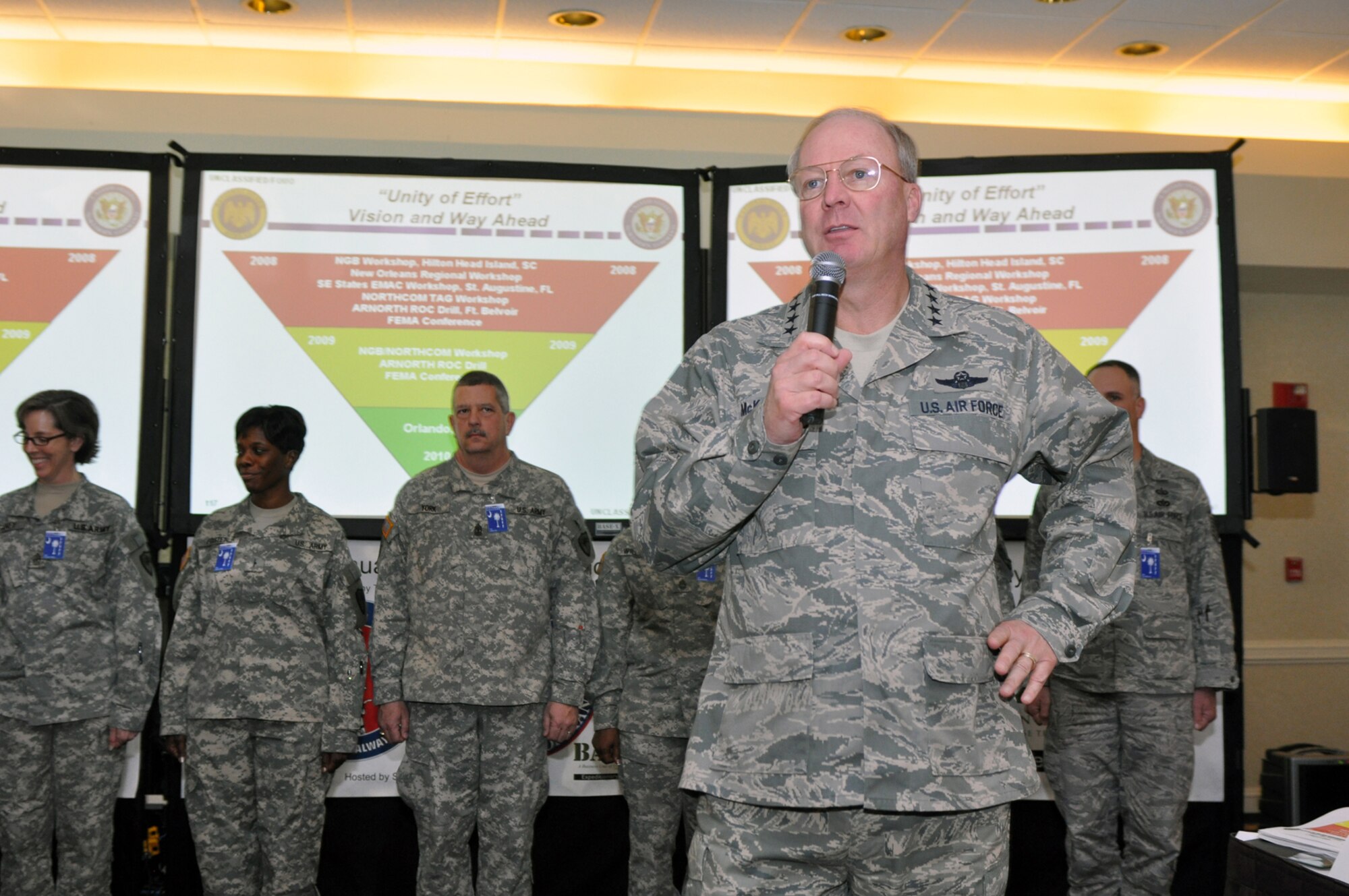 Gen. Craig McKinley, chief of the National Guard Bureau, discusses preparations for the 2009 hurricane season at a hurricane planning workshop sponsored by NGB and U.S. Northern Command at Hilton Head, S.C., on Feb. 19, 2009. A unified response is key to success after a storm, leaders say. (U.S.
Army photo by Staff Sgt. Jim Greenhill) (Released)