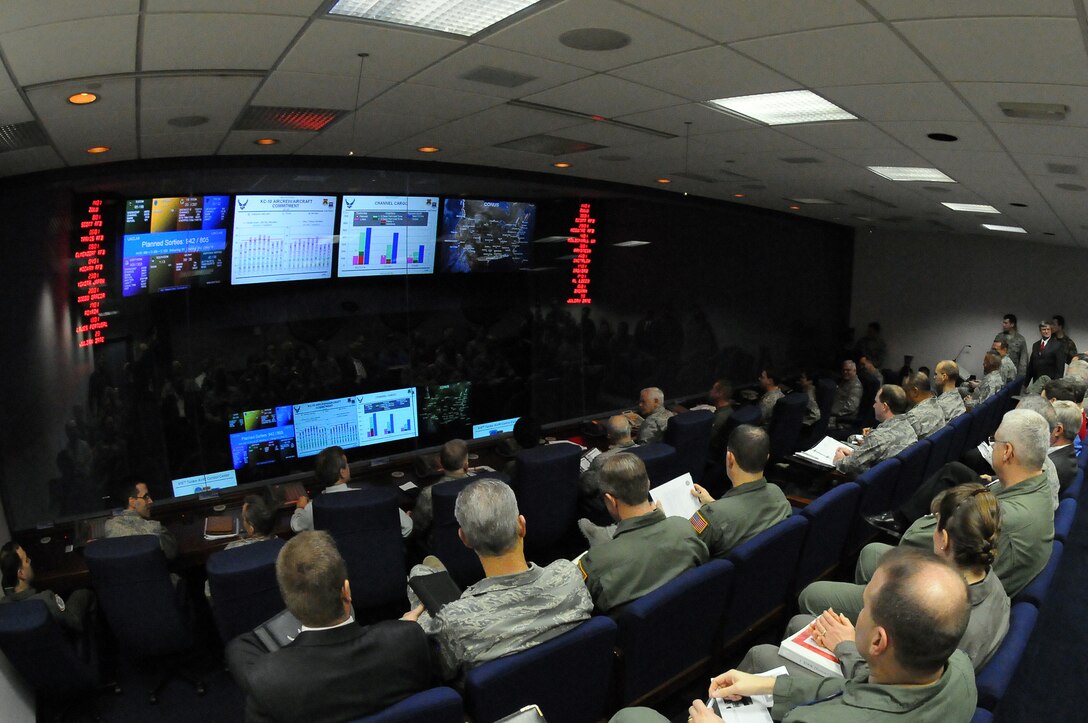 SCOTT AIR FORCE BASE, Ill. -- Air Mobility Command senior leaders listen to an operations summary briefing in the 618th Tanker Airlift Control Center.  AMC's mission is to provide global air mobility, including airlift, air refueling and aeromedical evacuation, for America's armed forces. (Department of Defense photo/Mr. Robert Fehringer)