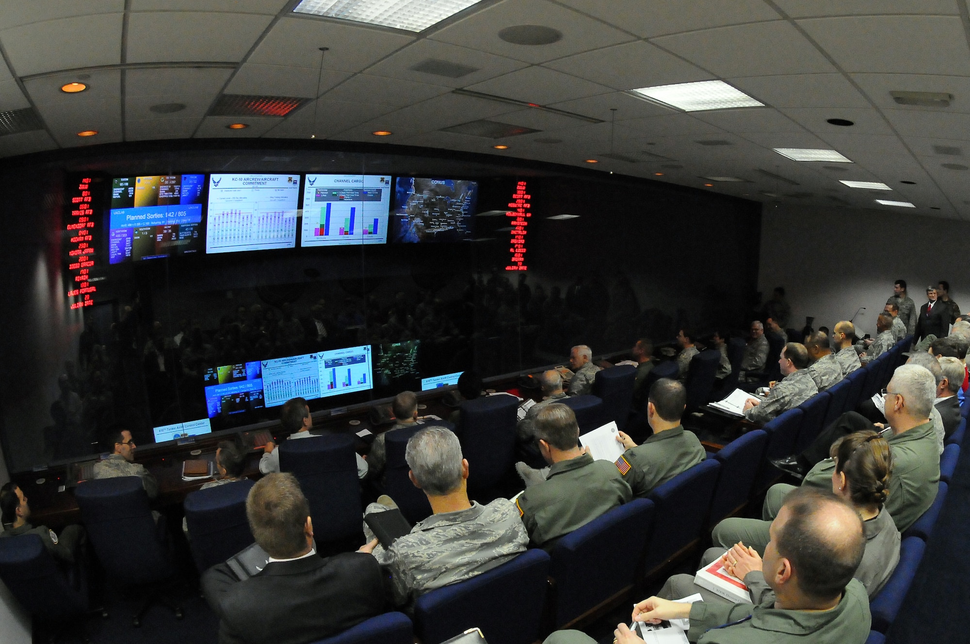 SCOTT AIR FORCE BASE, Ill. -- Air Mobility Command senior leaders listen to an operations summary briefing in the 618th Tanker Airlift Control Center.  AMC's mission is to provide global air mobility, including airlift, air refueling and aeromedical evacuation, for America's armed forces. (Department of Defense photo/Mr. Robert Fehringer)