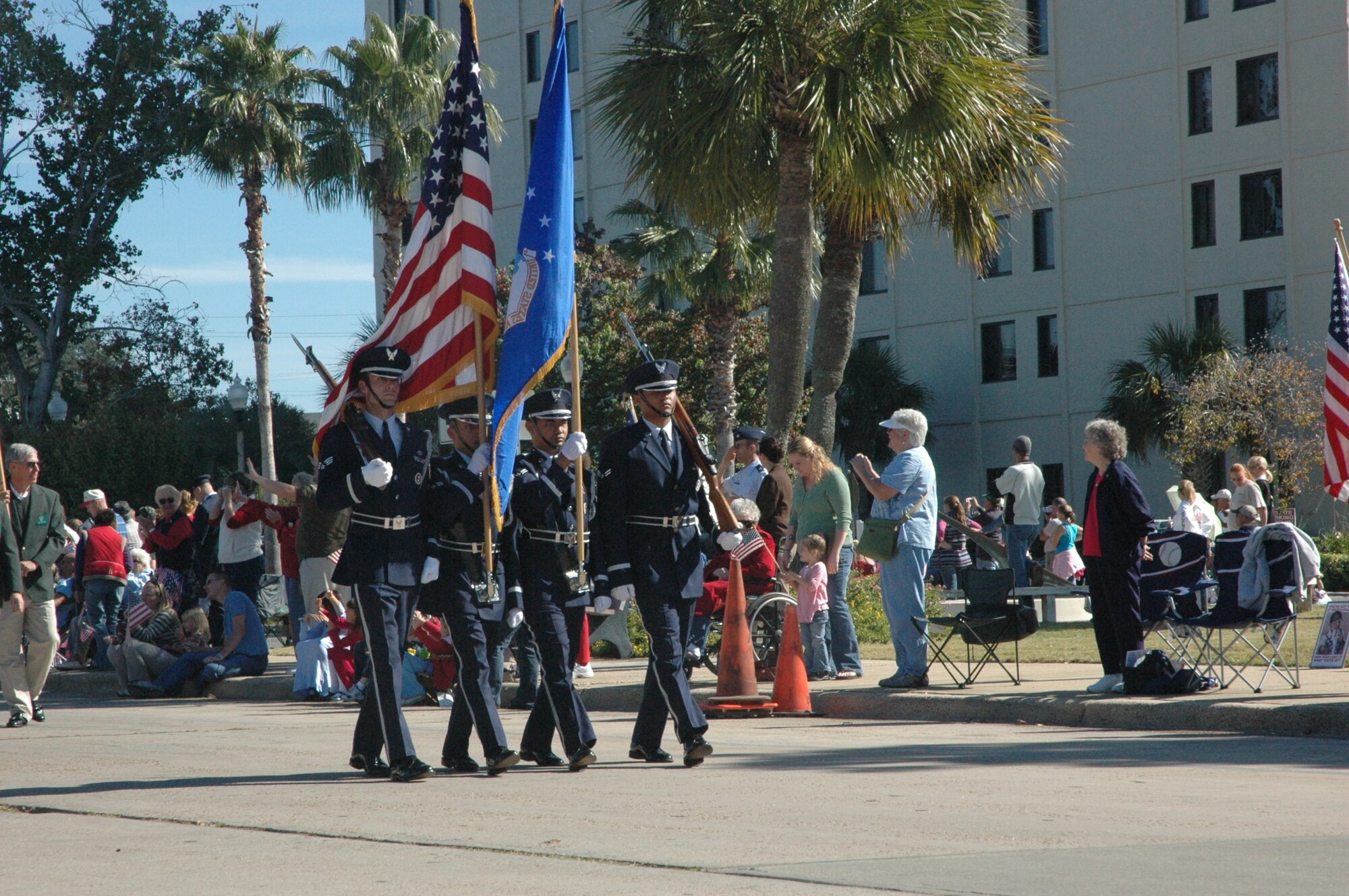 Members of the Tyndall Air Force Base Honor Guard, lead Airmen from the 325th Fighter Wing in the annual Panama City Veterans' Day parade in Panama City, Nov. 11.