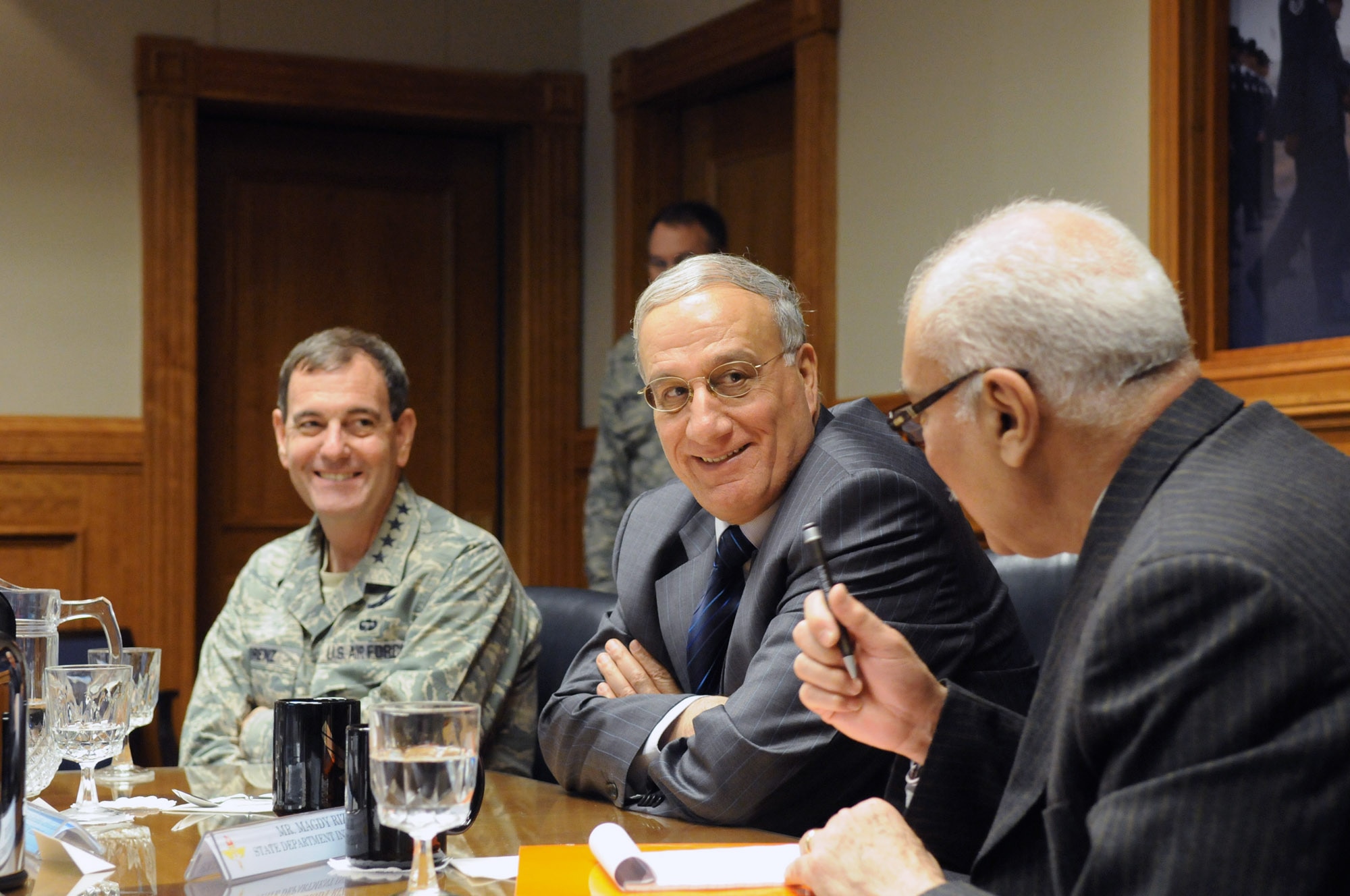 Iraqi Minister of Defense Abdul Qader Mohammad Jassim Al-Mafrji and Gen. Stephen R. Lorenz, Air Education and Training Command commander, speak through an interpreter during a briefing Feb. 18 about the training AETC can provide to the Iraqi air force. (U.S. Air Force photo/Rich McFadden) 
