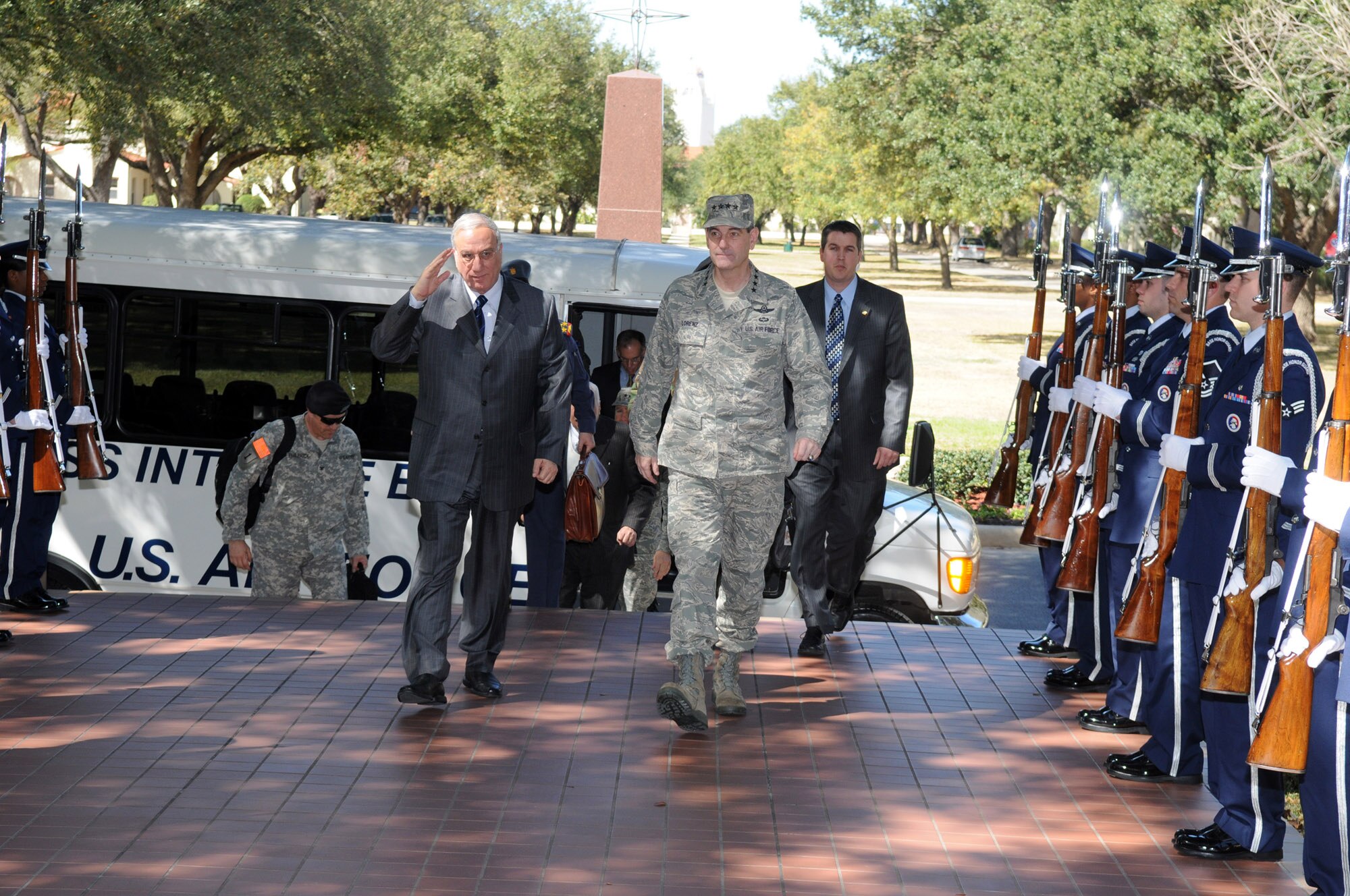 Iraqi Minister of Defense Abdul Qader Mohammad Jassim Al-Mafrji and Gen. Stephen R. Lorenz, Air Education and Training Command commander, pass by an Air Force honor guard formation at Randolph Air Force Base, Texas., Feb.18. (U.S. Air Force photo/Rich McFadden) 
