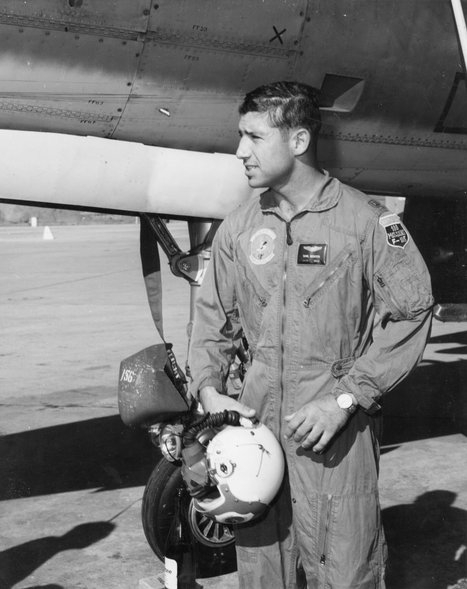 Lt. Richter wearing a 100 mission patch. (U.S. Air Force photo)