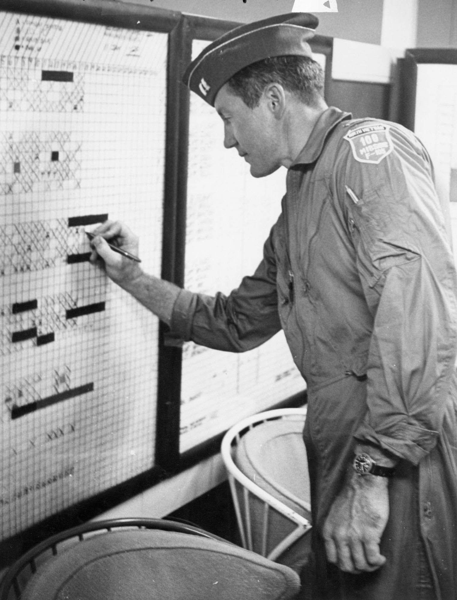 Capt. Will Koenitzer shortly after completing his 100th mission wearing the patch he helped design. (U.S. Air Force photo)