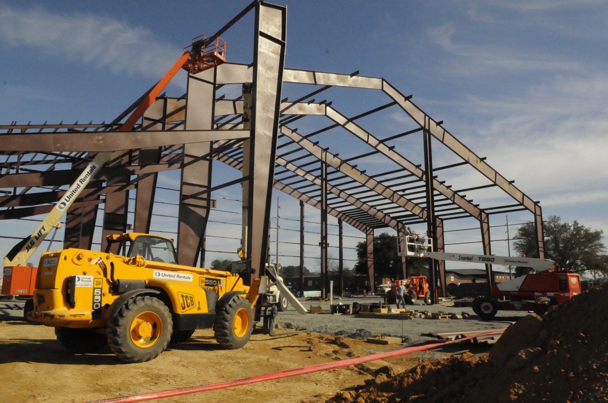 Work is progressing on the framework of the Aircraft Component Repair Facility at the corner of Richard Ray and Robins Parkway. It's one of 14 construction projects in the works at Robins. U. S. Air Force photo by Sue Sapp