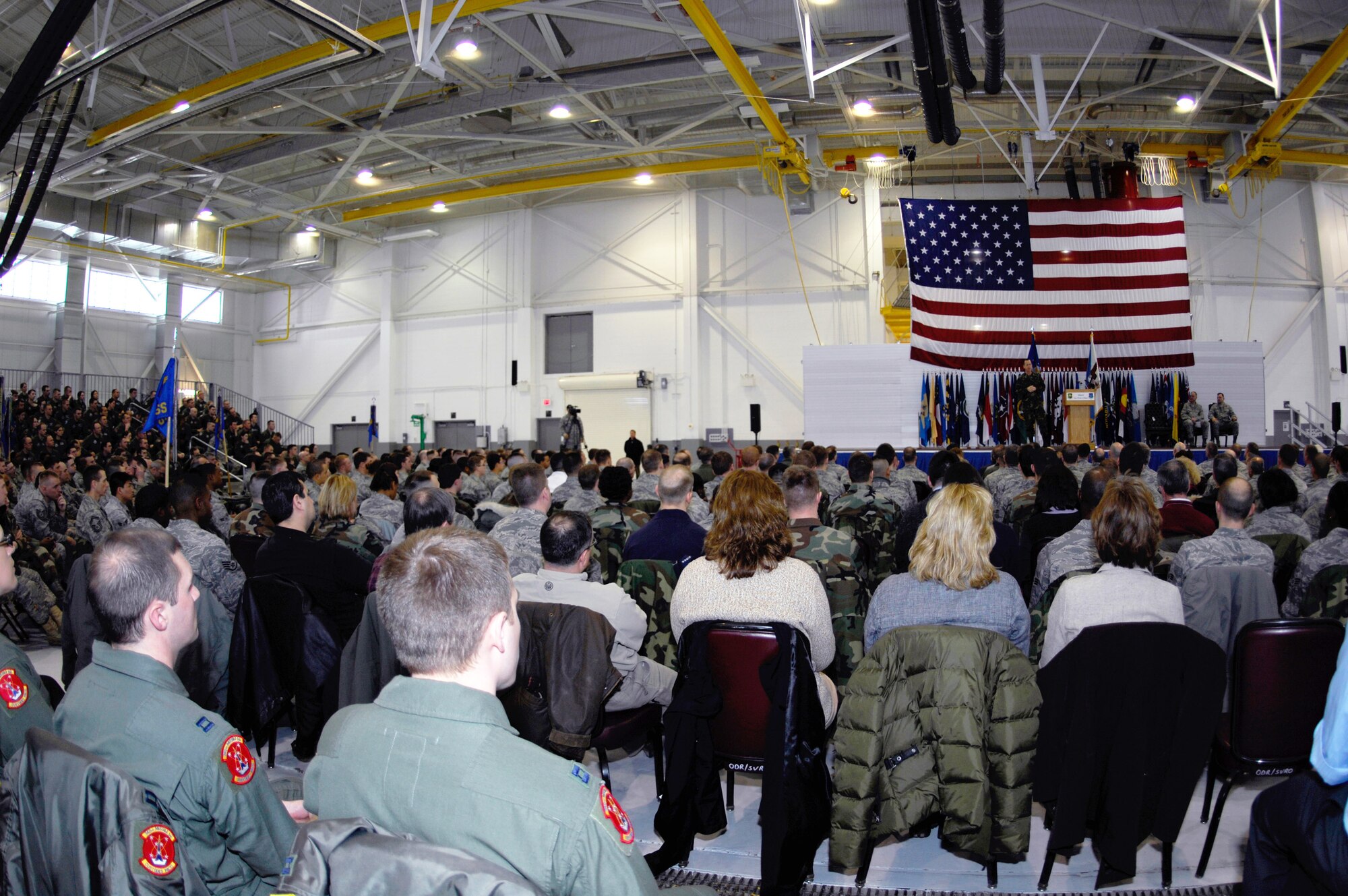 Adm. Michael G. Mullen, chairman of the Joint Chiefs of Staff, held a town hall meeting Feb. 18 during his visit to Minot Air Force Base, N.D.  At the meeting, Admiral Mullen talked about the importance of family support, concerns over the economic crisis and the base's role in nuclear deterrence as the Air Force's only dual-wing, nuclear-capable base.  (U.S. Air Force photo/Airman 1st Class Jesse Lopez)