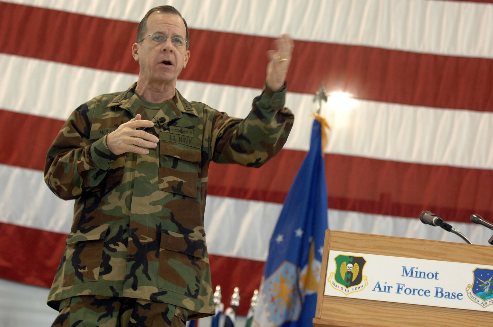 Adm. Michael G. Mullen, chairman of the Joint Chiefs of Staff, held a town hall meeting Feb. 18 during his visit to Minot Air Force Base, N.D.  At the meeting, Admiral Mullen talked about the importance of family support, concerns over the economic crisis and Minot AFB's role in nuclear deterrence as the Air Force's only dual-wing, nuclear-capable base.  (U.S. Air Force photo/Staff Sgt. Stacy Moless) 