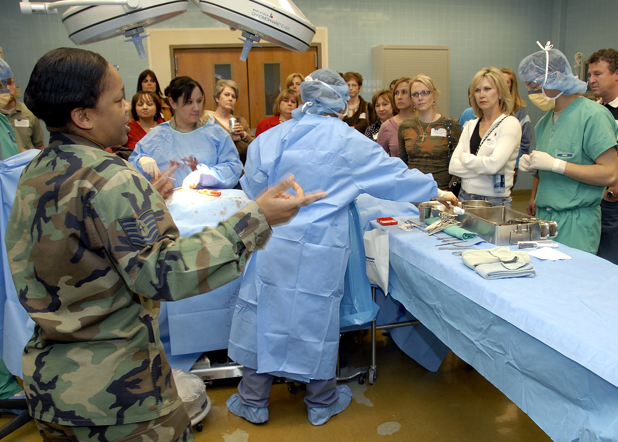 Tech. Sgt Tiwanda Sykes, 882nd Training Group Instructor Supervisor of the Surgical Services Apprentice Course, provides an overview of the Mock Surgical Ward to civic leaders during the annual Leadership Wichita Falls Economy Day at Sheppard. The 37 class members spent the morning learning about the mission and economic impact of the base.  After lunch at the dining facility, they toured the Heritage Center, Fifth Generation Maintenance Training, Medical Trianing, and the 80th FTW Simulators. (U.S. Air Force photo/Mike Litteken)