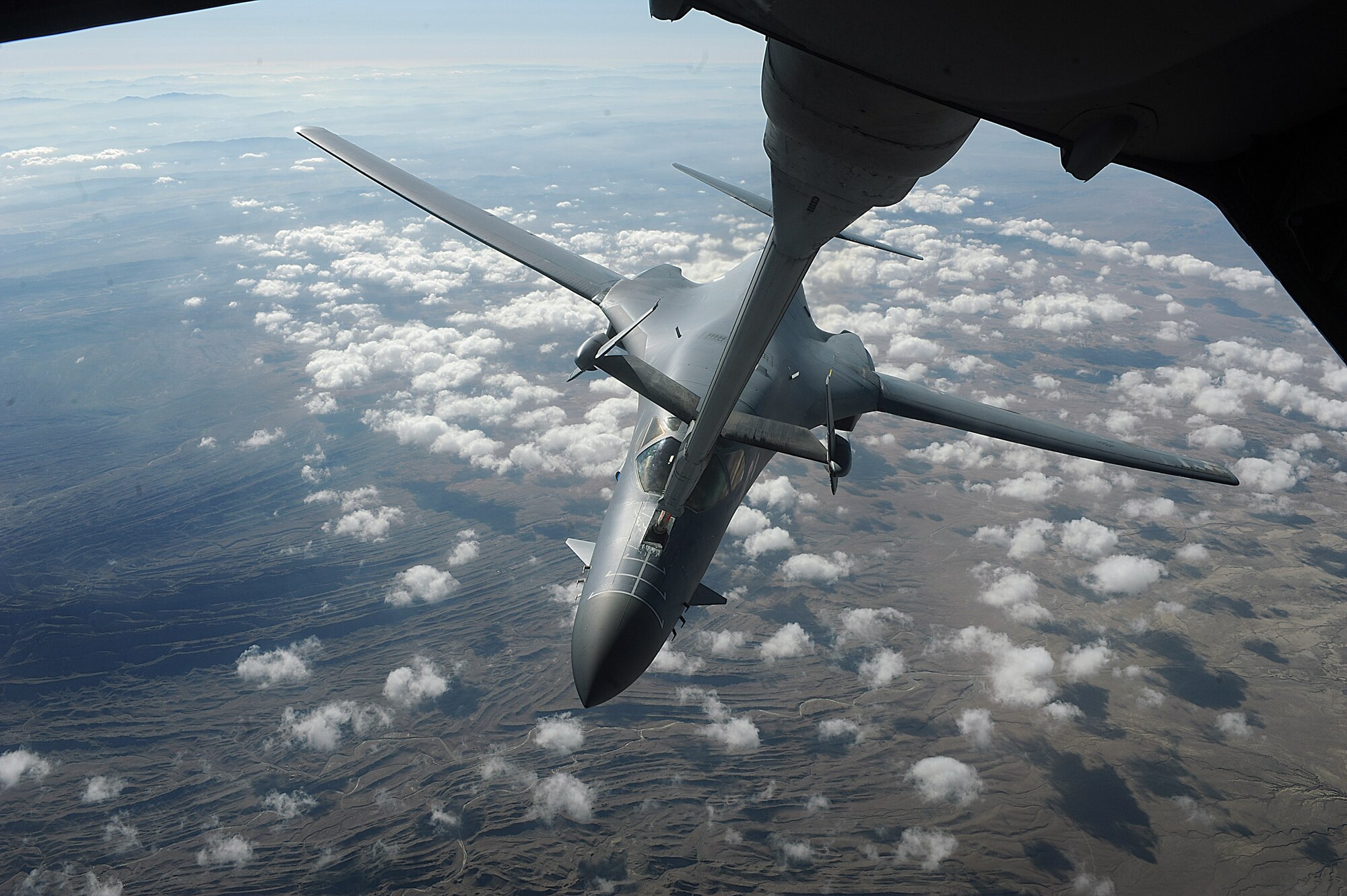 A B-1B Lancer receives fuel from a KC-10 Extender over Afghanistan. B-1Bs fly close-air-support missions for both Operation Enduring Freedom and Operation Iraqi Freedom. (U.S. Air Force photo/Staff Sgt. Aaron Allmon)  