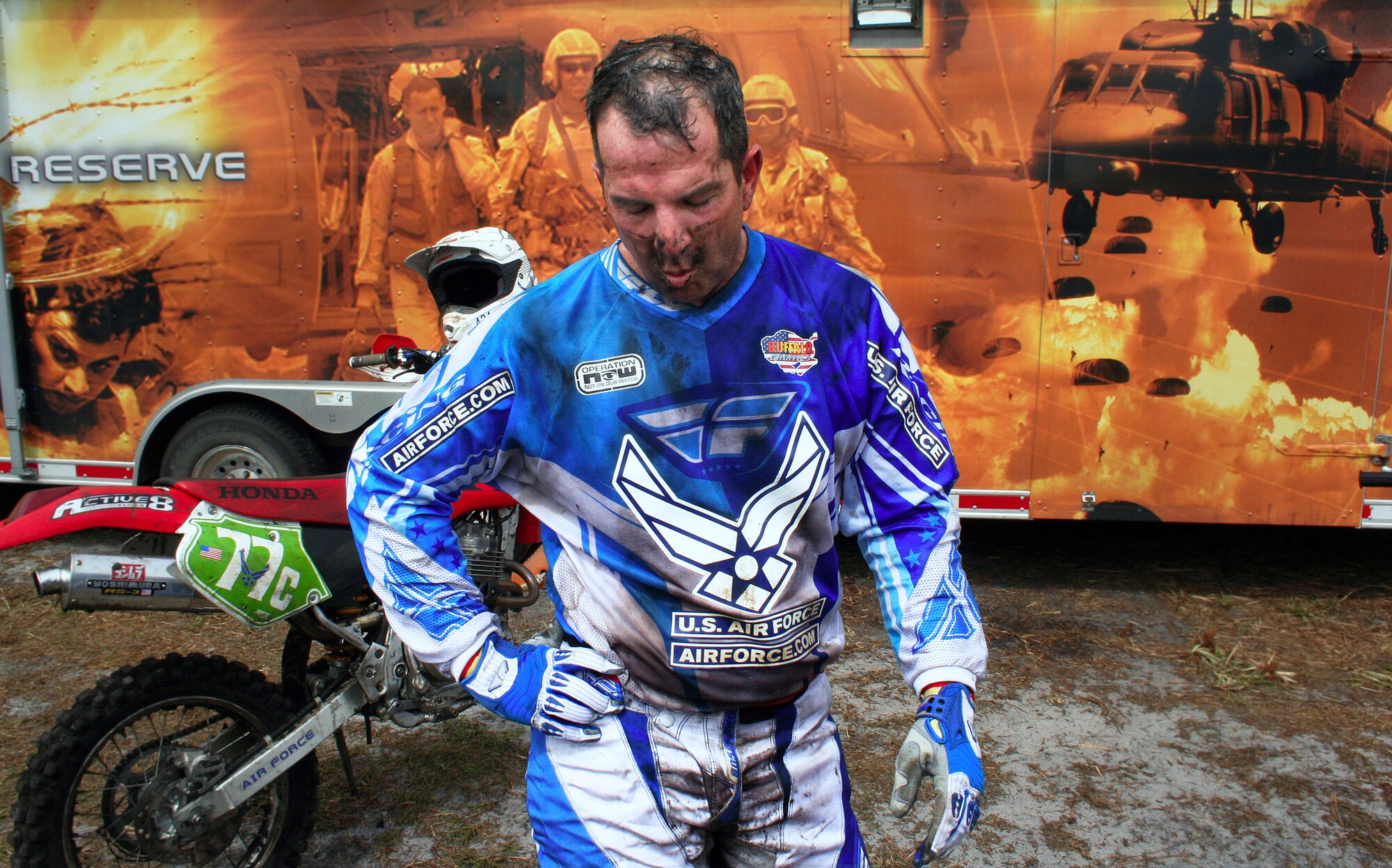 SAINT CLOUD, Fla. -- After completing the brutal Grand National Cross Country Championship course in 2:09:54, Master Sgt. Carlos Gonzalez takes a moment to catch his breath. Known as "Gonzo" back at the 920th Rescue Wing, the flight engineer finished 10th, a result so surprising to him he actually questioned race officials when they presented him with his plaque. (U.S. Air Force photo/Tech. Sgt. Paul Flipse)