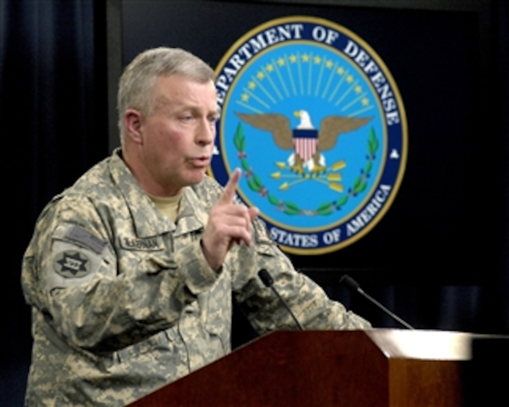 Commander, International Security Assistance Force and U.S. Forces - Afghanistan Gen. David McKiernan, U.S. Army, holds a press briefing to update reporters on the latest developments in the fight to defeat the insurgency in Afghanistan in the Pentagon on Feb. 18, 2009.  