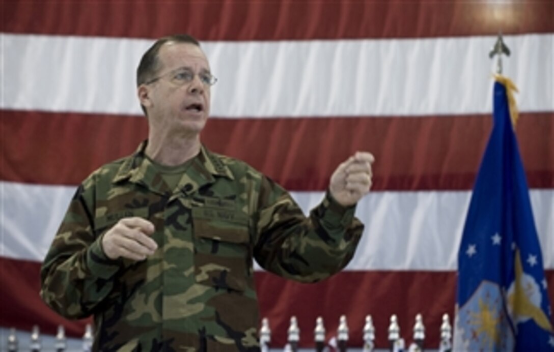 Chairman of the Joint Chiefs of Staff Adm. Mike Mullen, U.S. Navy, addresses airman assigned to Minot Air Force Base, N.D., on Feb. 18, 2009.  Mullen is on a two-day trip visiting airman at Minot and Scott Air Force Base, Ill., and soldiers stationed at Ft. Campbell, Ky.  