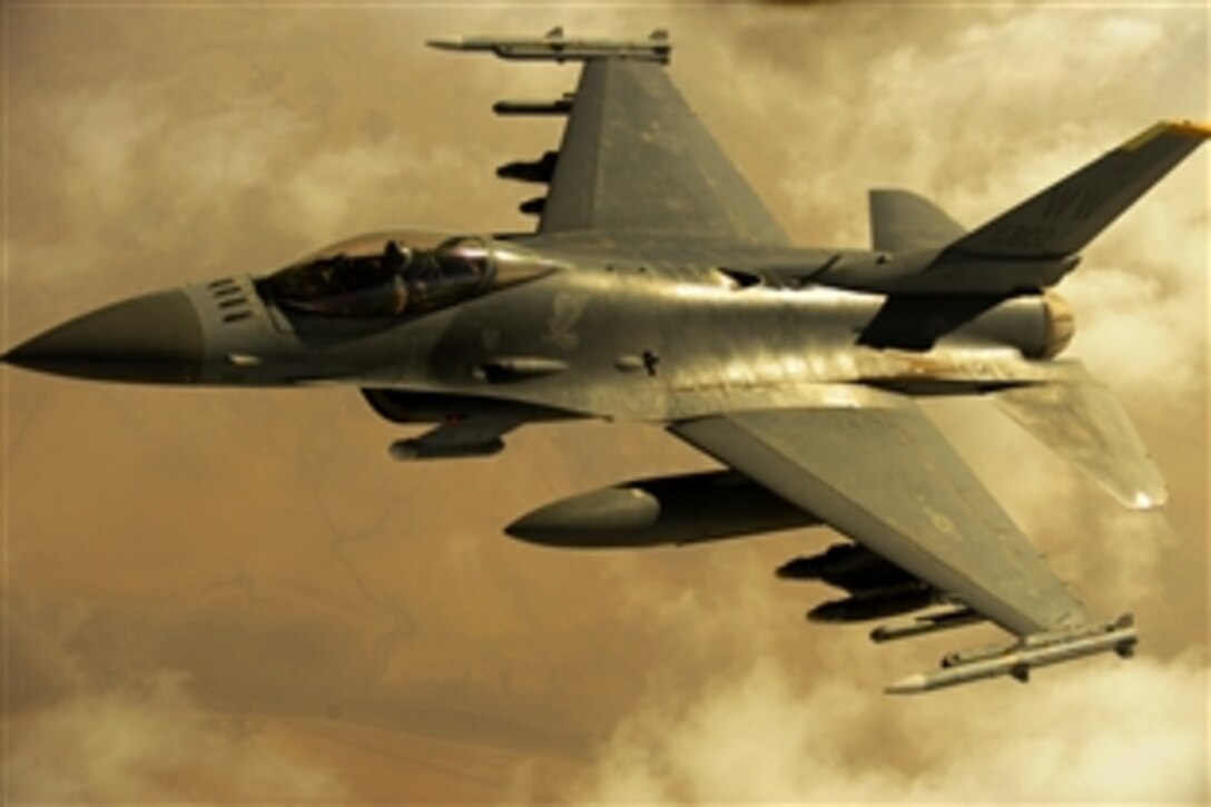 A U.S. Air Force F-16 Fighting Falcon conducts close air support operations over Iraq on Feb. 17, 2009.