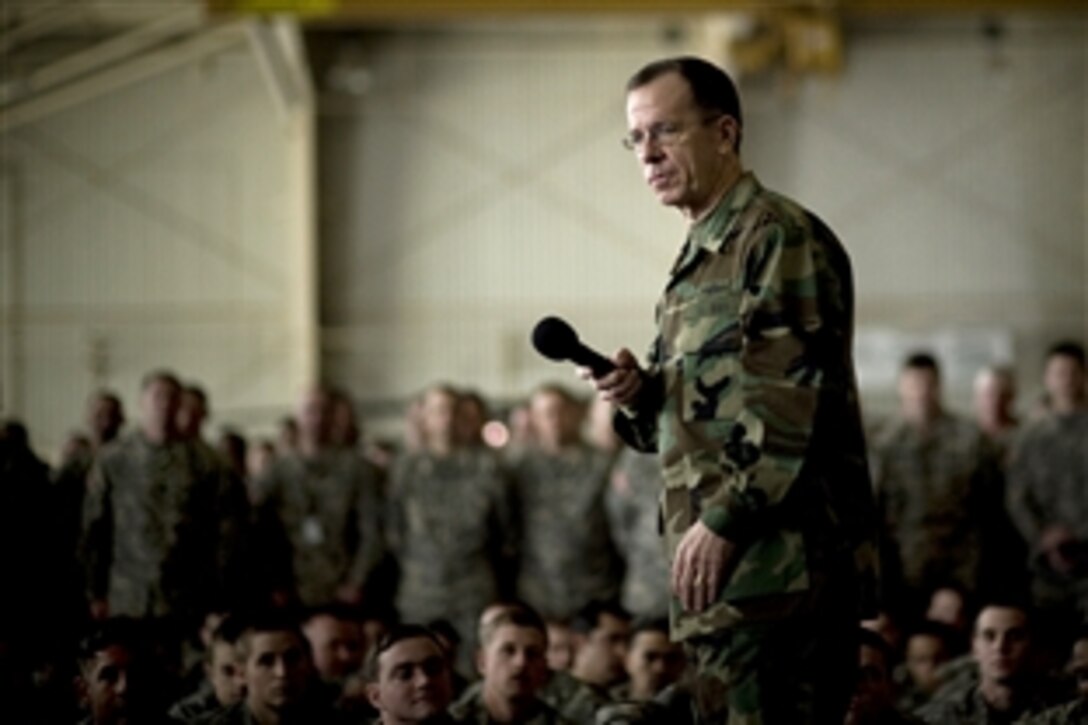 U.S. Navy Adm. Mike Mullen, chairman of the Joint Chiefs of Staff, addresses soldiers assigned to the 160th Special Operations Aviation Regiment on Fort Campbell, Ky., Feb. 19, 2009. Mullen is on a two-day trip visiting airman on Minot and Scott Air Force bases and soldiers on Campbell.