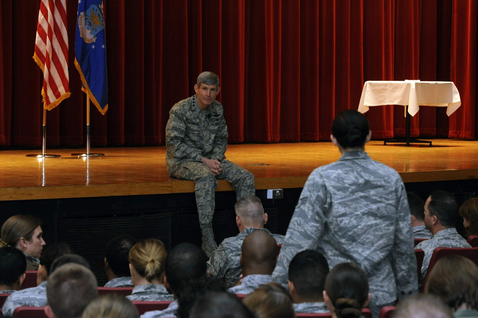 Gen. Norton Schwartz outlines current military issues Feb. 20 during a town hall meeting at the Bob Hope Theater on Lackland Air Force Base, Texas. General Schwartz is the Air Force chief of staff. (U.S. Air Force photo/Staff Sgt. Desiree N. Palacios)