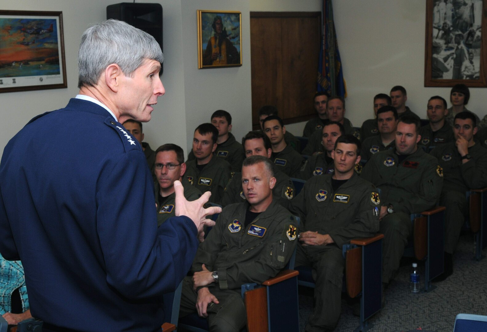 Air Force Chief of Staff Gen. Norton Schwartz addresses student and instructor aviators Feb. 19 in the 99th Flying Training Squadron auditorium at Randolph Air Force Base, Texas. (U.S. Air Force photo/Joel Martinez)