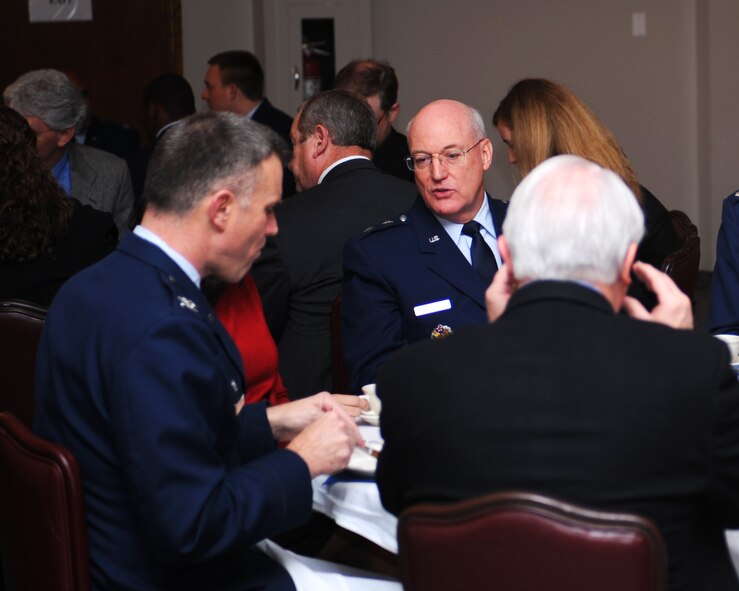 DYESS AIR FORCE BASE, Texas - Major General Cecil Richardson, Air Force Chief of Chaplains speaks with Colonel Robert Gass, commander of the 7th Bomb Wing, during the National Prayer Breakfast here, Feb. 18.  The National Prayer Breakfast is an annual event that was started by members of the Senate and House prayer groups and President Eisenhower in 1953.  (U.S. Air Force photo by Staff Sgt. Alan Garrison) 