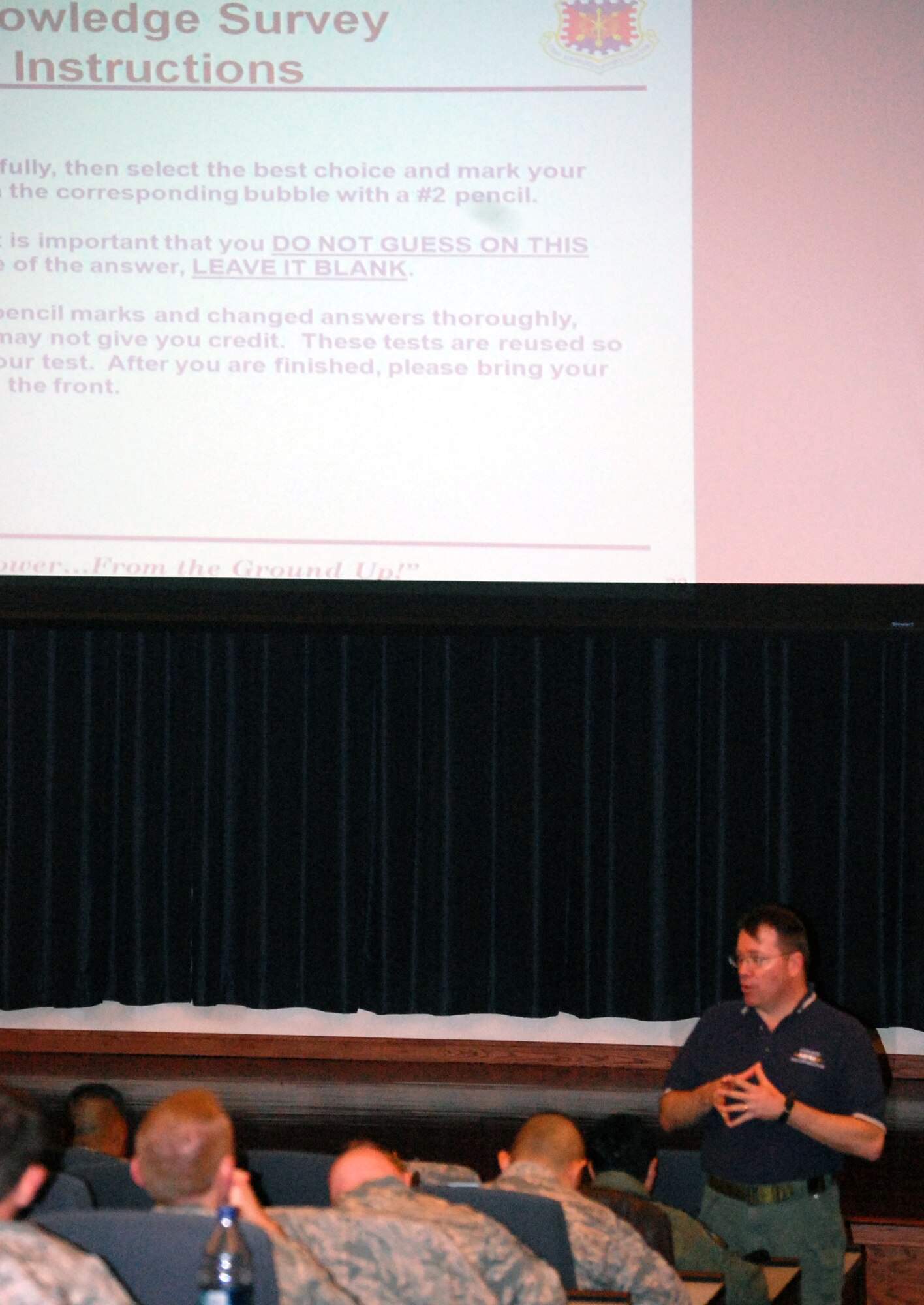 Mr. Wayne Hall, a retired Air Force master sergeant and instructor in the Air Advisor Course, provides an orientation for new students in the course on Feb. 10, 2009, in Grace Peterson Hall in the U.S. Air Force Expeditionary Center at Fort Dix, N.J.  The Air Advisor Course trains Airmen deploying to Iraq and Afghanistan helping those countries build their own air force.  Once graduated, air advisors go on their deployments and help train foreign airmen.  (U.S. Air Force Photo/Tech. Sgt. Scott T. Sturkol)