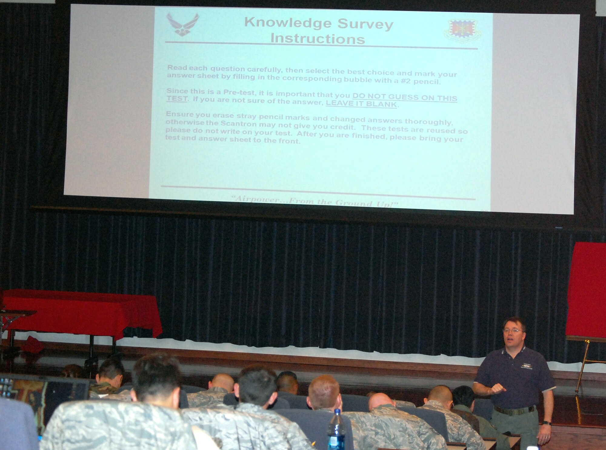 Mr. Wayne Hall, a retired Air Force master sergeant and instructor in the Air Advisor Course, provides an orientation for new students in the course on Feb. 10, 2009, in Grace Peterson Hall in the U.S. Air Force Expeditionary Center at Fort Dix, N.J.  The Air Advisor Course trains Airmen deploying to Iraq and Afghanistan helping those countries build their own air force.  Once graduated, air advisors go on their deployments and help train foreign airmen.  (U.S. Air Force Photo/Tech. Sgt. Scott T. Sturkol)