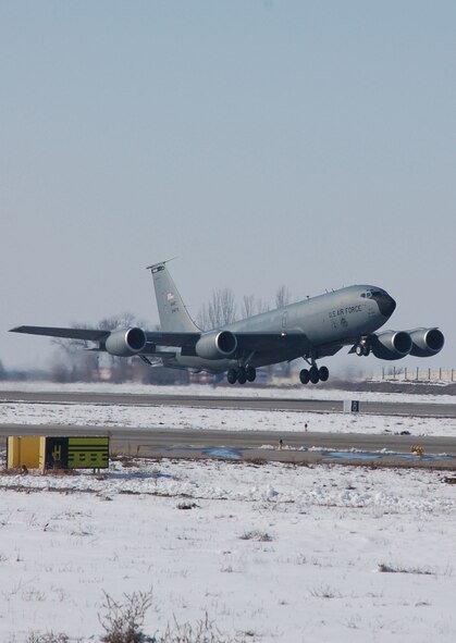 A KC-135 Stratotanker takes off from Manas Air Base, Kyrgyzstan, for a refueling mission over Afghanistan, Feb. 6. Manas AB serves as the premier air mobility hub for Operation Enduring Freedom, providing round-the-clock aerial refueling and support for cargo and personnel transiting in and out of Afghanistan. (U.S. Air Force photo/Senior Master Sgt. Julie Layton)