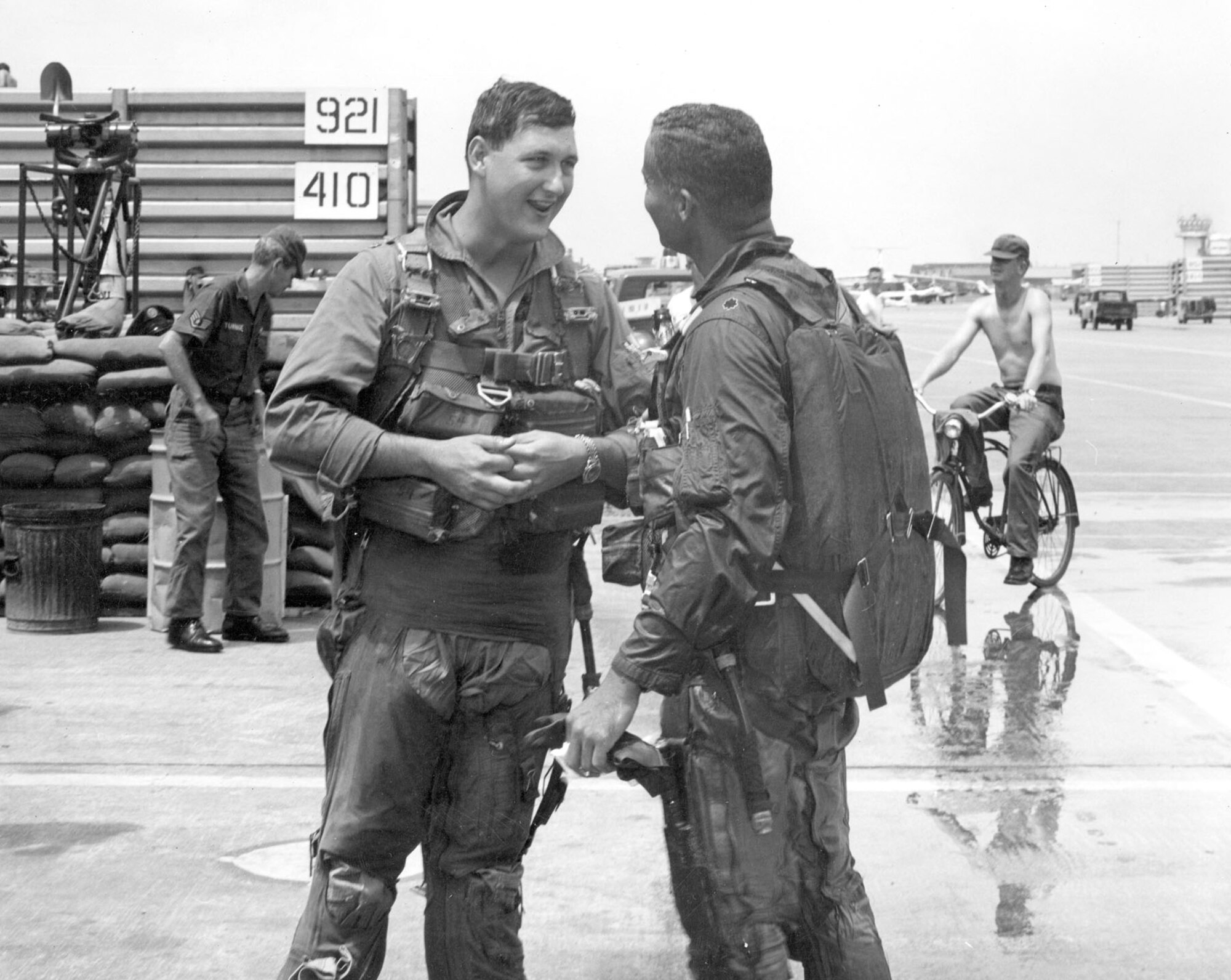 Lt. Tom Coney (left) flew as the backseater on the last mission of the 16th Tactical Reconnaissance Squadron commander, Lt. Col. Charles McGee (right). During World War II, McGee was a Tuskegee Airman. (U.S. Air Force photo)