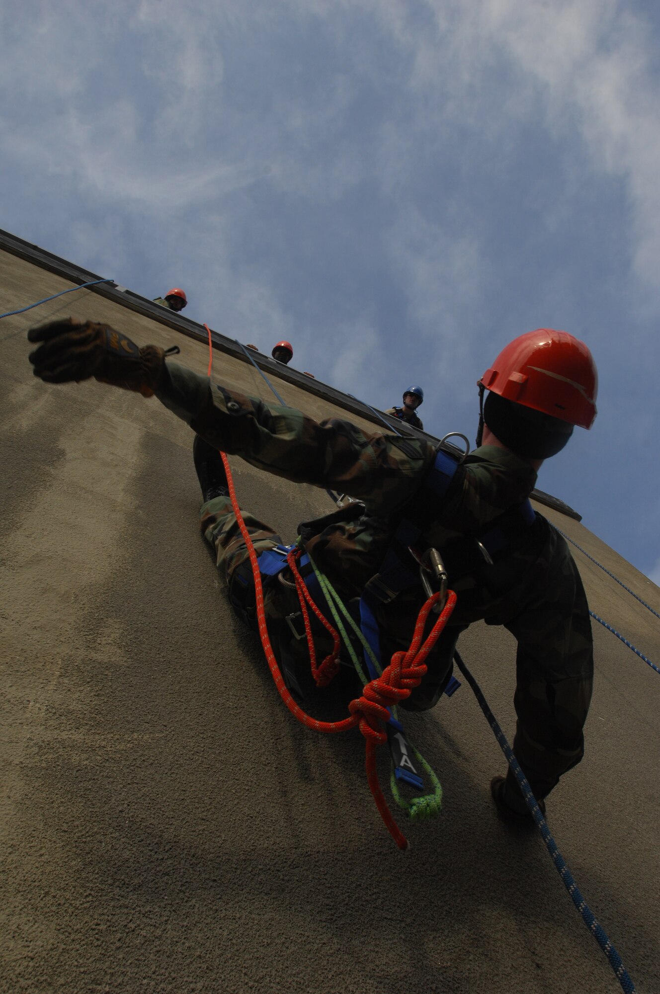 A U.S. Air Forces in Europe firefighter participates in rappelling training Feb. 3, 2009, at Ramstein Air Base. Several firefighters from all over USAFE gathered to participate in an extensive two-week training course. (U.S. Air Force photo by Airman 1st Class Kenny Holston)
