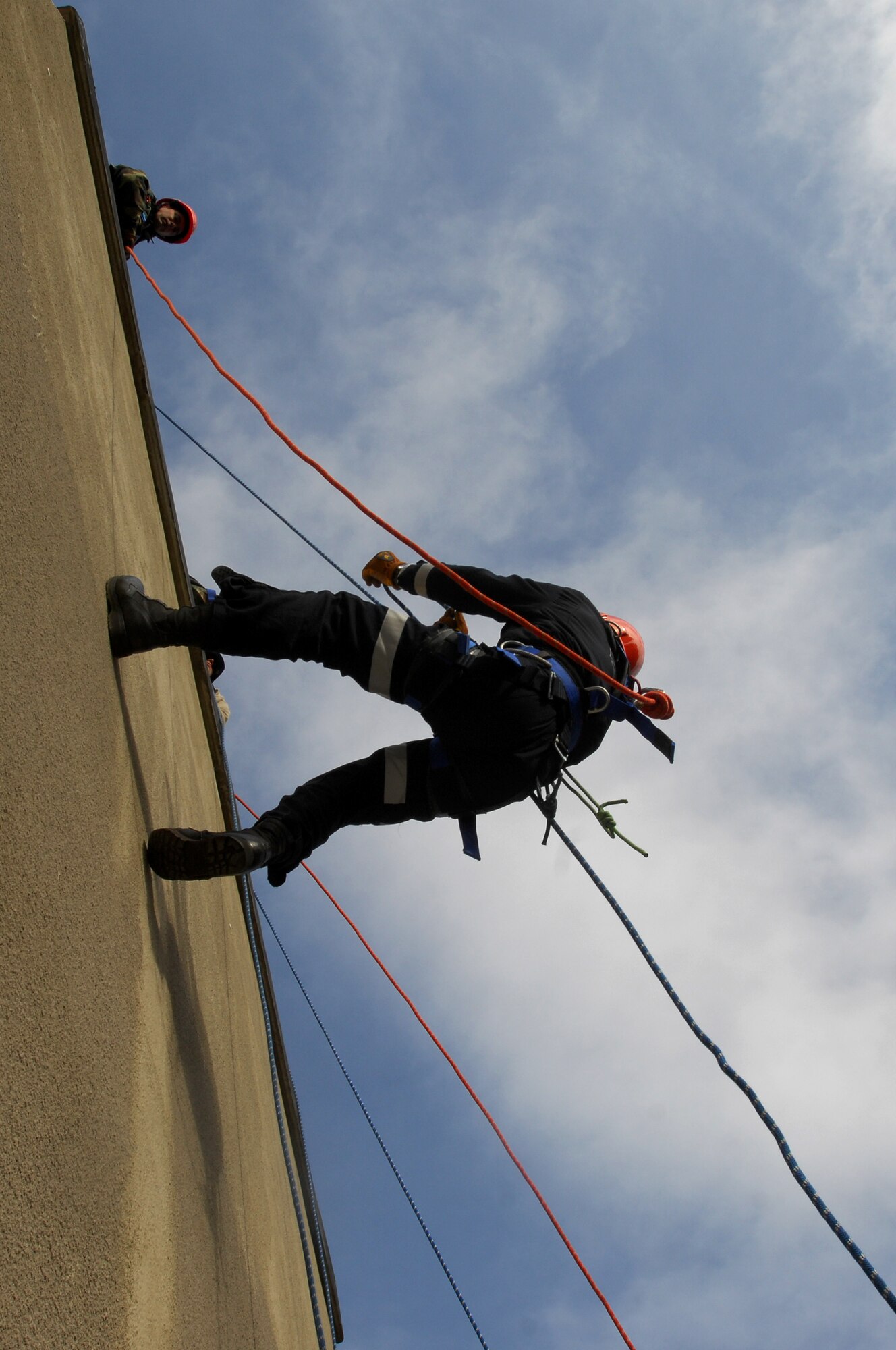 A U.S. Air Forces in Europe firefighter participates in rappelling training Feb. 3, 2009, at Ramstein Air Base. Several firefighters from all over USAFE gathered to participate in an extensive two-week training course. (U.S. Air Force photo by Airman 1st Class Kenny Holston)