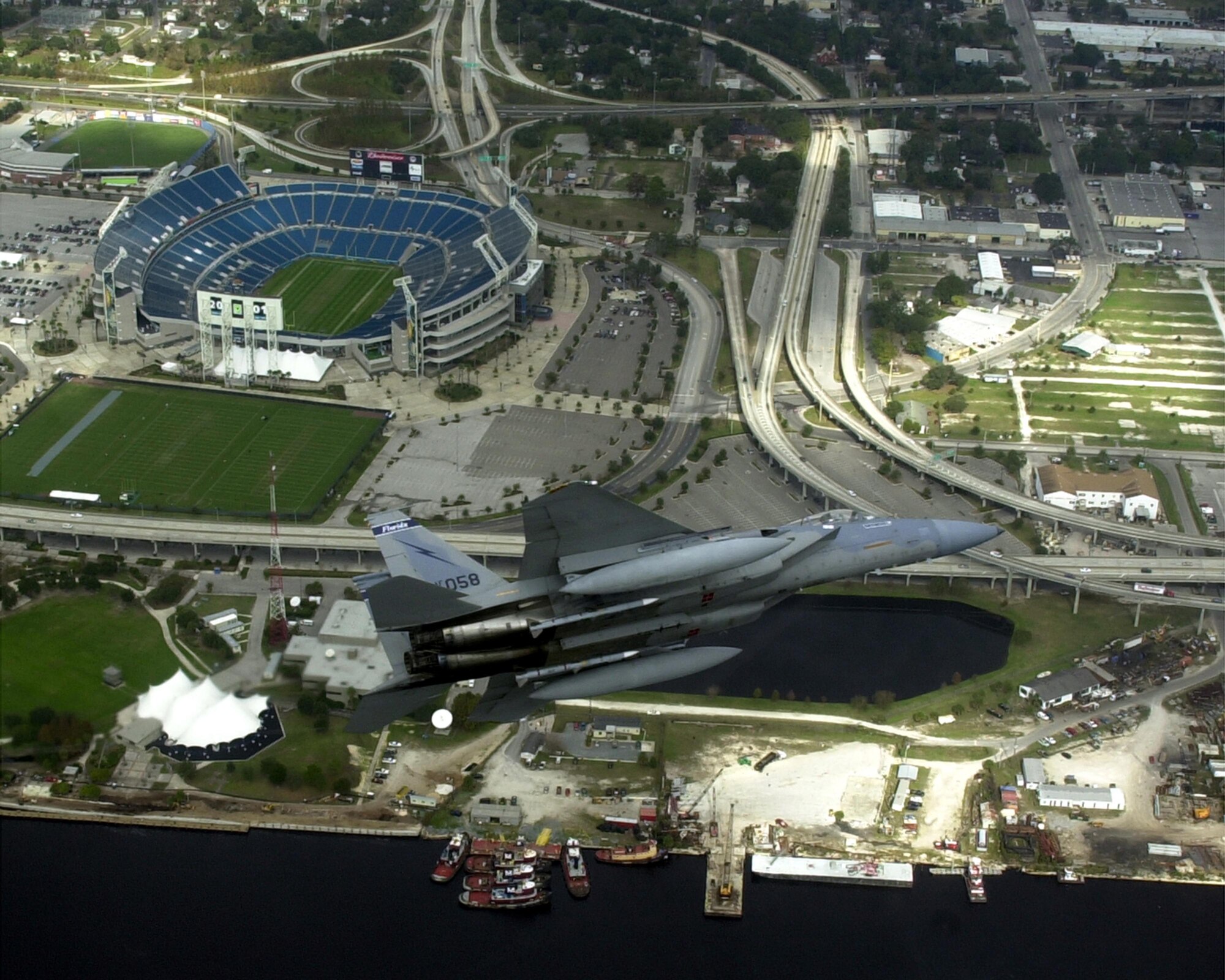 F-15 fighter aircraft patrol areas around critical infrastucture and during special events. Fighter aircraft such as these conducted air patrols around Raymond James Stadium in Tampa in support of Super Bowl XLIII.                               