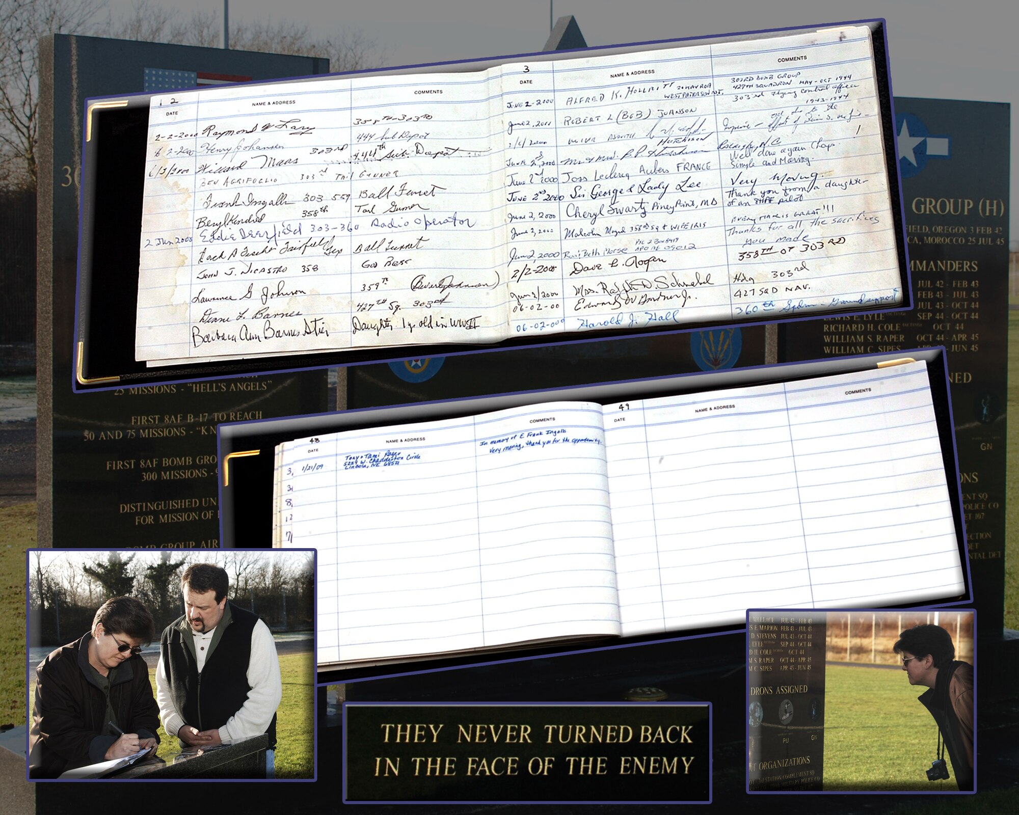 The visitors' book (to see Click on DOWNLOAD HI RES below) at the 303rd Bomb Group (Heavy) Memorial at RAF Molesworth, England shows the signature of former Corporal Earl F. "Frank" Ingalls on June 2, 2001 when he came back to his old base with his comrades for the dedication of the memorial.  The lower page shows the entry of his great niece Ms. Tami Rager who recently visited this base.  Corporal Earl F. "Frank" Ingalls flew his first thirty-three missions as a ball-turret gunner with the crew of First Lt. Arthur Lorentz but was wounded on his thirty-fourth mission with another pilot.  (Photos by Staff Sgt. Chad E. Chisholm and Staff Sgt Rachel A. Goff.  Montage by Staff Sgt Goff)