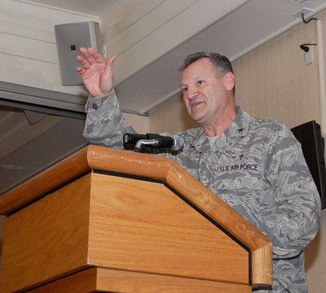 Chaplain (Brig. Gen.) David Cyr, Air Force deputy chief of chaplains, speaks to members of the 8th Fighter Wing during the National Prayer Luncheon at Kunsan Air Base, Republic of Korea, Feb. 20, 2009. Chaplain Cyr traveled from Washington D.C. to be the guest speaker at the Wolf Pack's 56th National Prayer Luncheon. The Chaplain addressed Wolf Pack members earlier in the day as a guest on AFN Kunsan's Wolf Show. ( U.S. Air Force photo by: Senior Airman Dana Hill)
