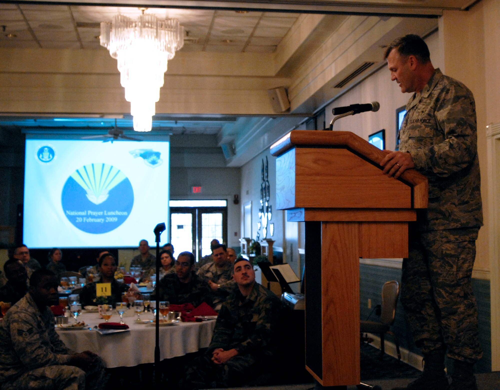 Chaplain (Brig. Gen.) David Cyr, Air Force deputy chief of chaplains, speaks to members of the 8th Fighter Wing during the National Prayer Luncheon at Kunsan Air Base, Republic of Korea, Feb. 20, 2009. Chaplain Cyr traveled from Washington D.C. to be the guest speaker at the Wolf Pack's 56th National Prayer Luncheon. The Chaplain addressed Wolf Pack members earlier in the day as a guest on AFN Kunsan's Wolf Show. (U.S. Air Force photo by: Senior Airman Dana Hill)